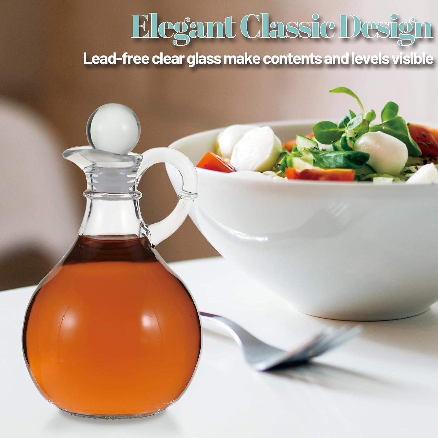 Cornucopia Brands 8oz Glass Oil and Vinegar Cruets (Set of 2); Round Oil Dispensers / Salad Dressing Bottles w/ Stoppers