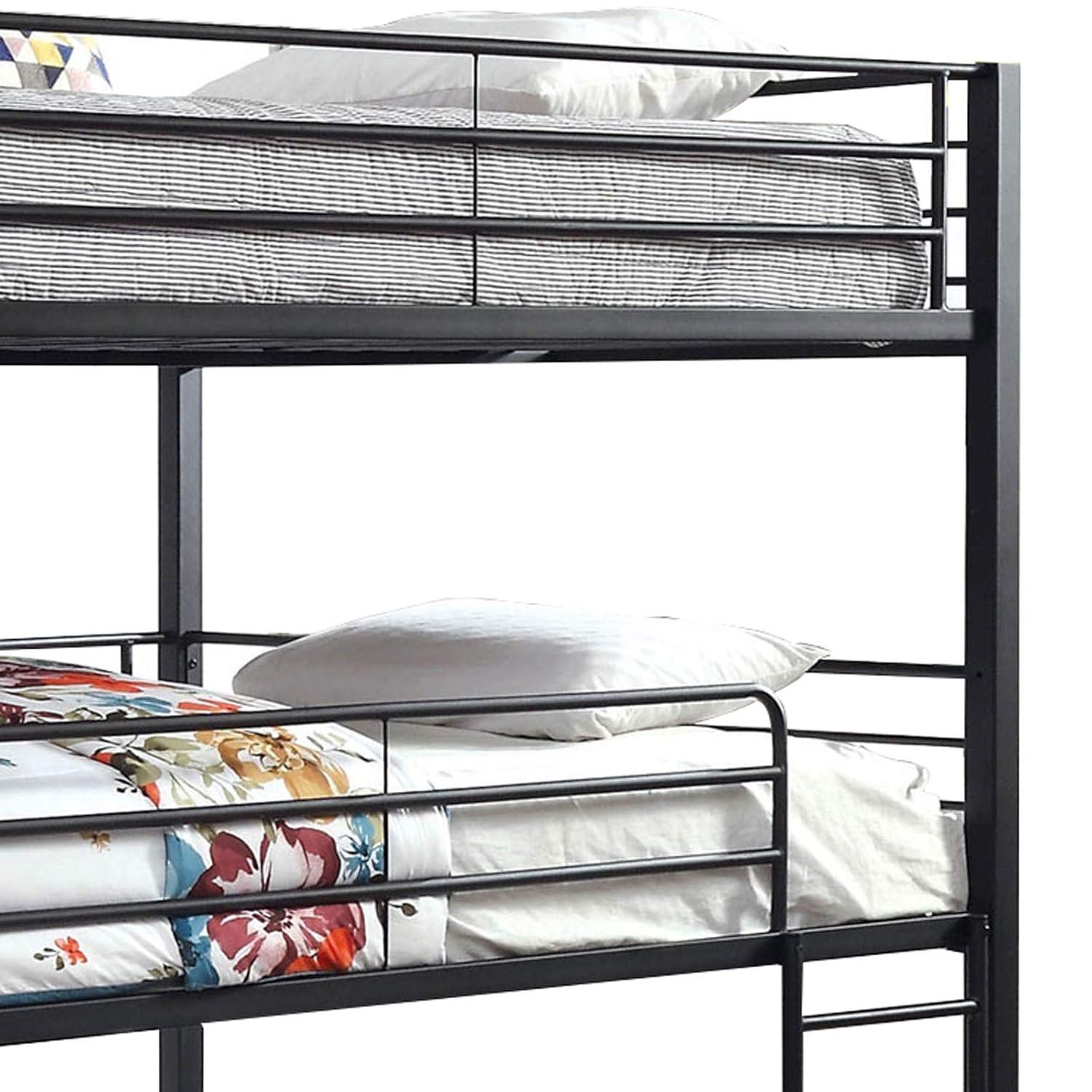 Benjara Industrial Style Queen Triple Decker Bunk Bed with Ladder, Black