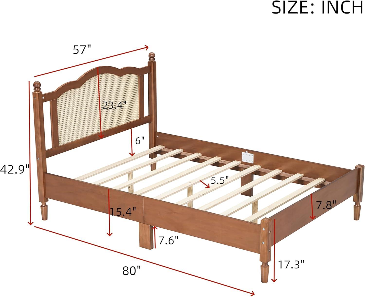 Full-Size Wooden Platform Bed with Natural Rattan Headboard, Mid-Century Modern Bed Frame for Bedroom Guest Room, Slats Support Bed Mattress Foundation No Box Spring Needed & Easy Assemble