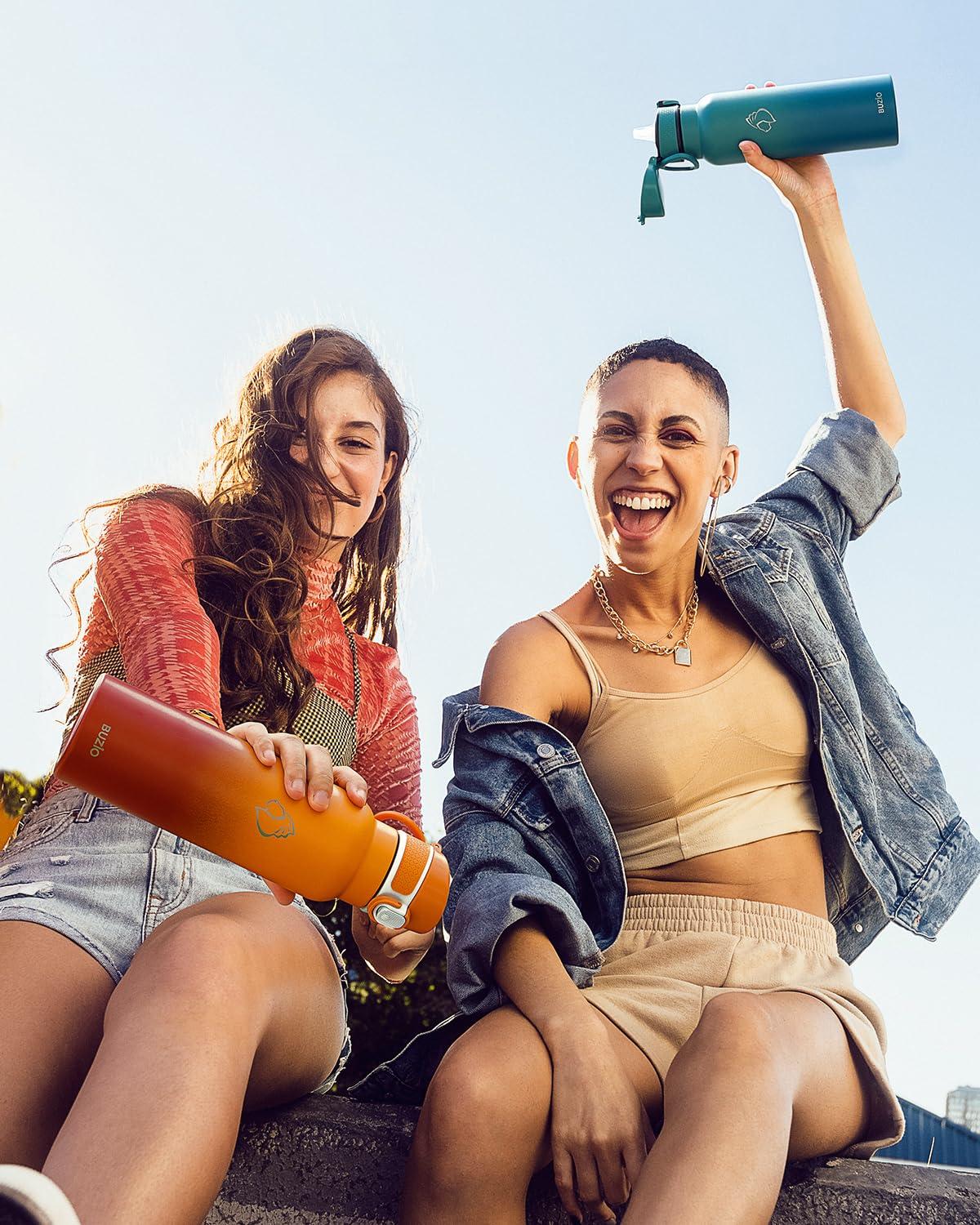 Buzio 32 oz Insulated with Straw & Brush Vaccum Stainless Steel Metal 3 Lids Water Flask for Sports, Gym or Office Keep Cold 48H Hot 24H，Pacific Prince