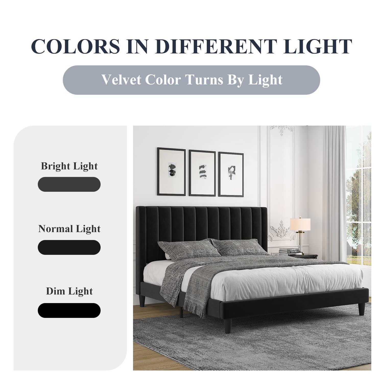 Allewie Queen Velvet Upholstered Bed Frame with Vertical Channel Tufted Headboard, Black