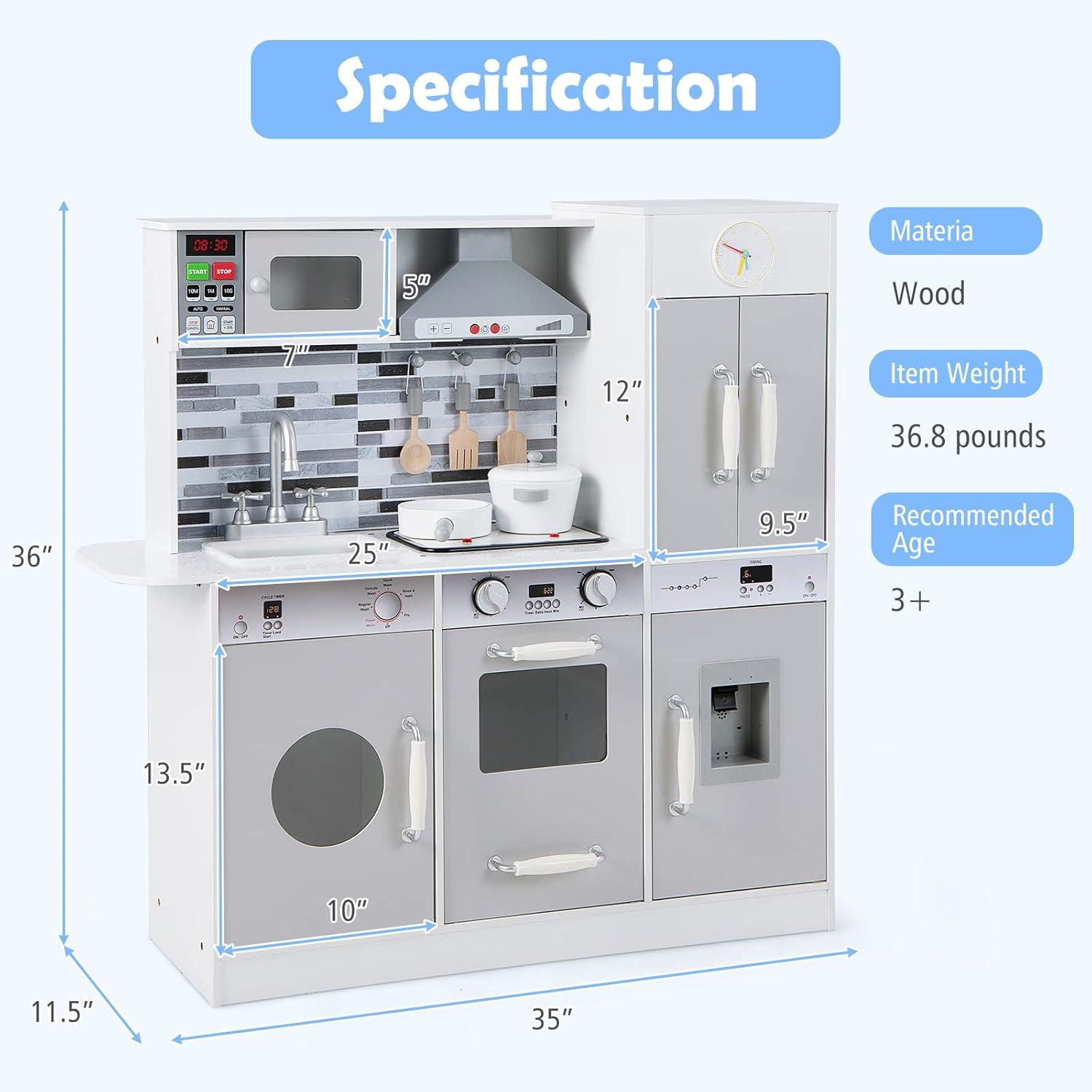 Gray and White Wooden Toddler Kitchen Playset with Accessories