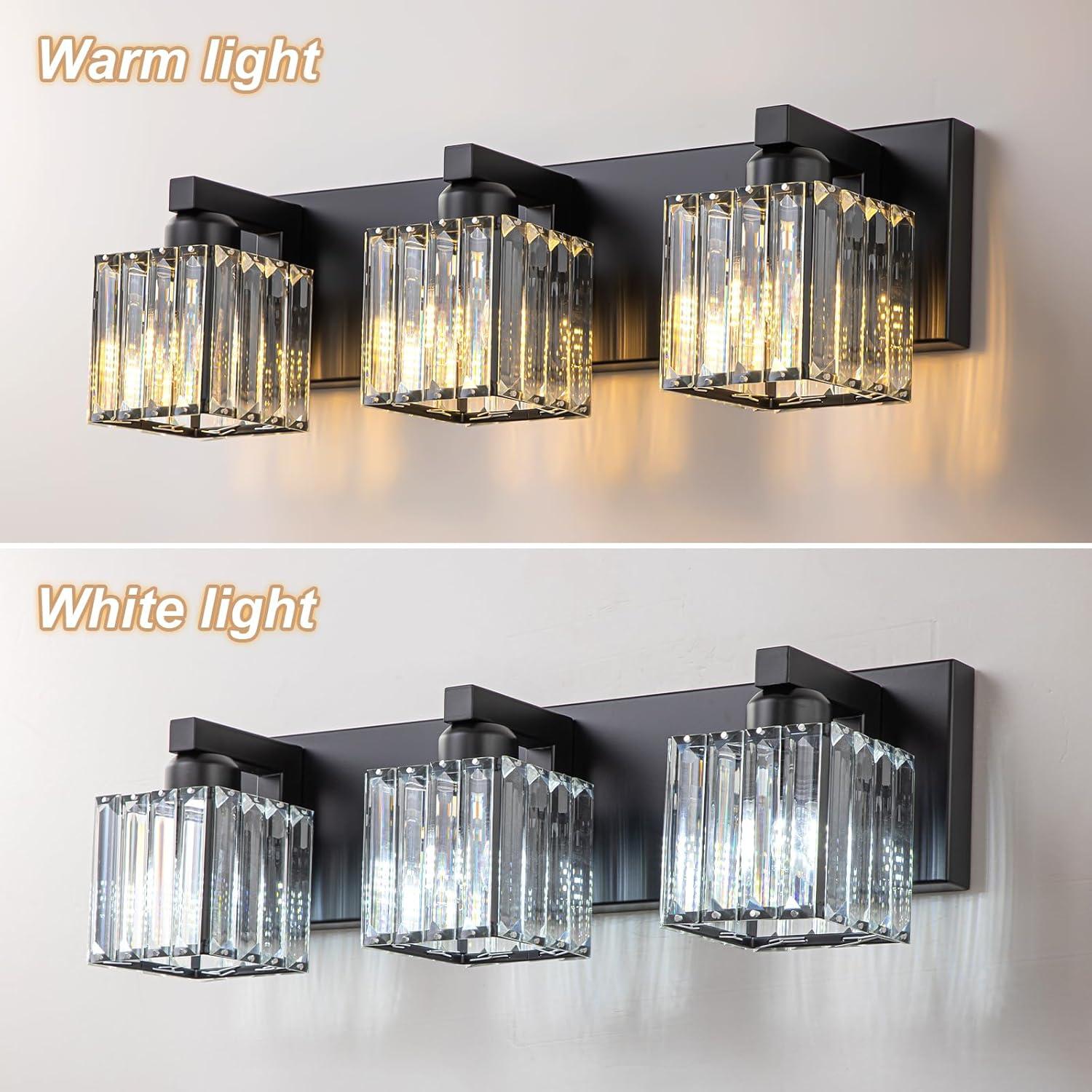 Black Metal 3-Light Vanity Fixture with Crystal Cube Shades