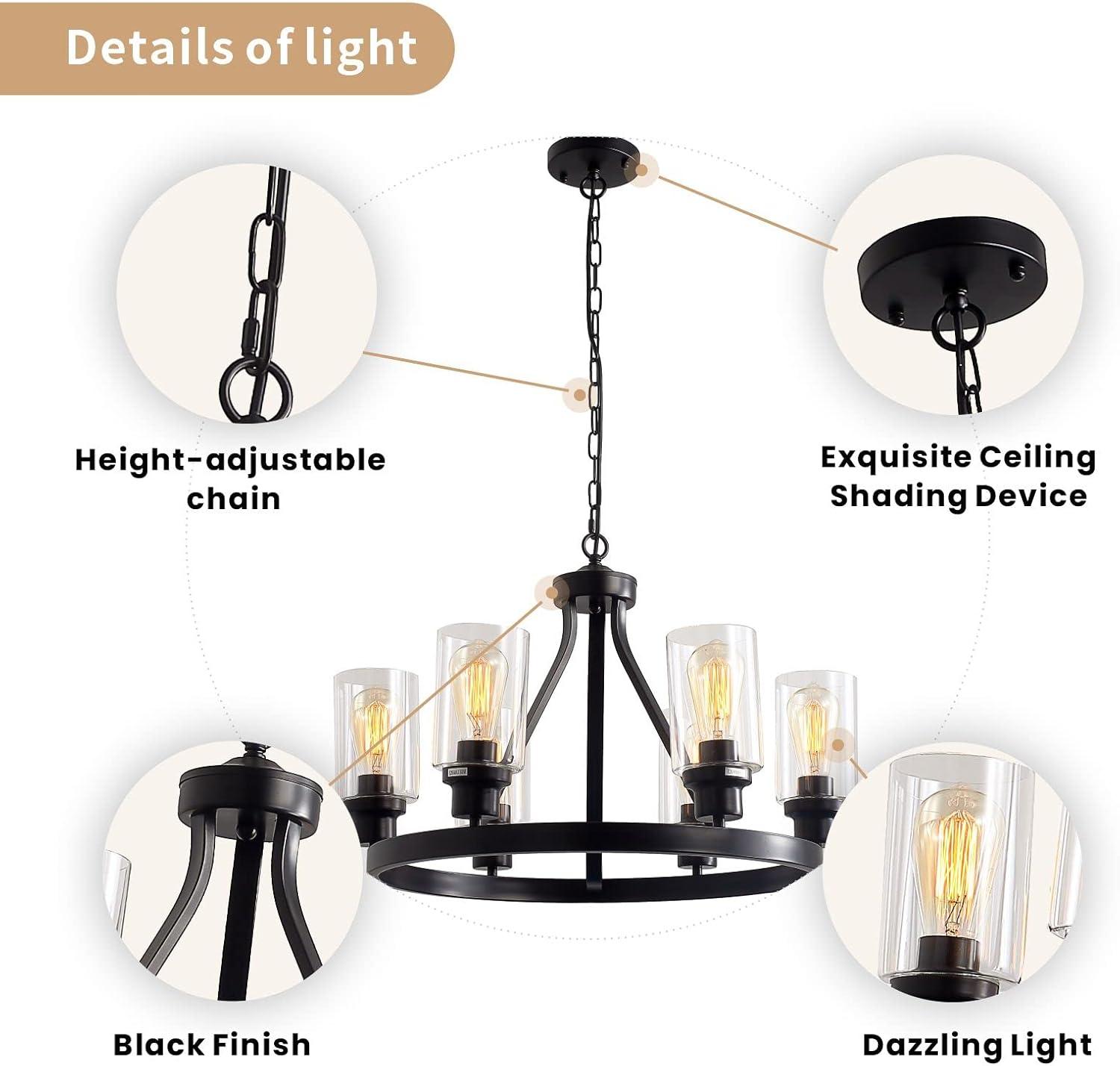 24'' Round Wagon Wheel 6-Light Chandelier Hanging Glass Pendant Light - N/A Black