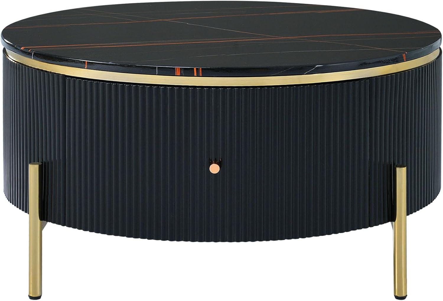 Black Round Coffee Table with Gold Legs and Storage Drawers