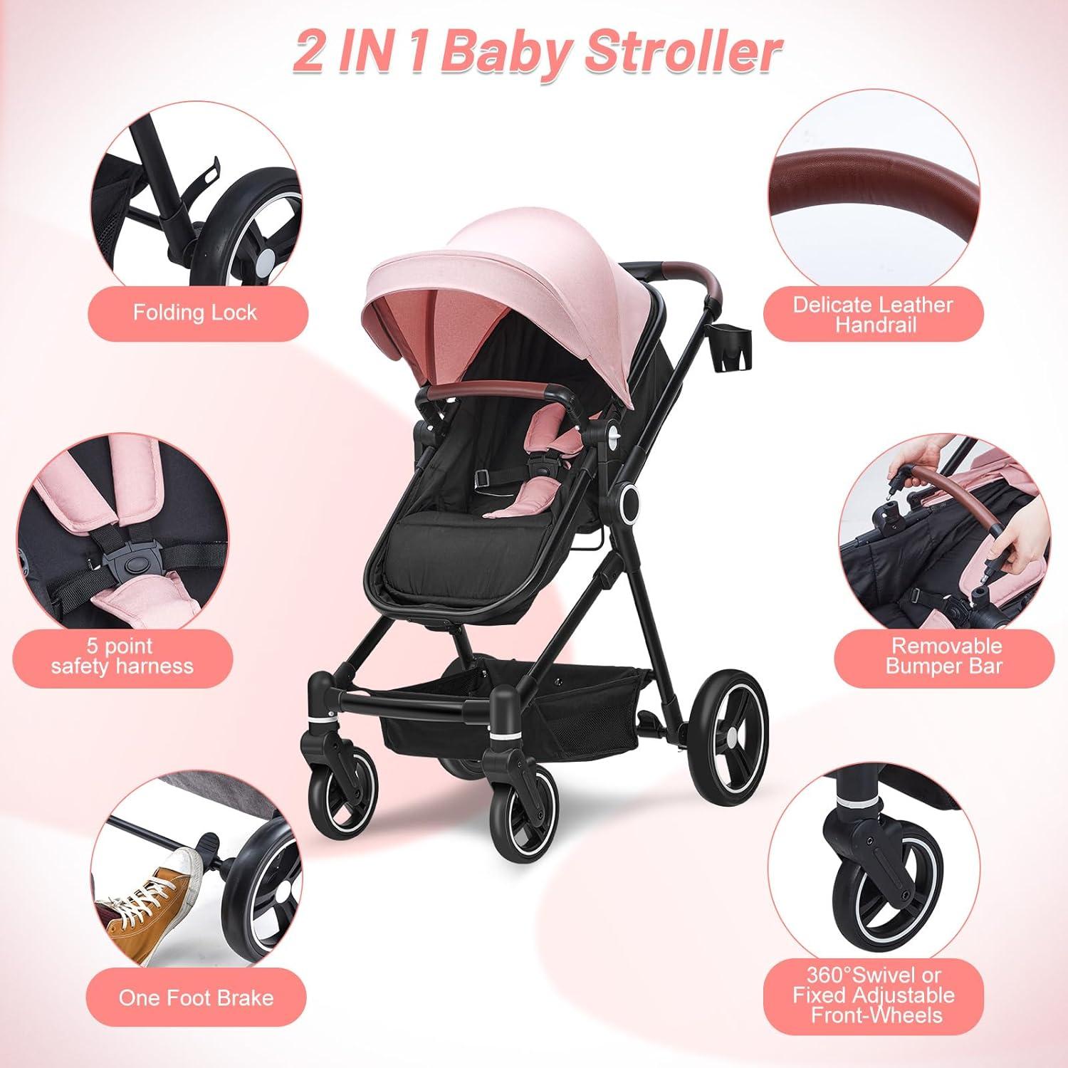 2 in 1 Baby Stroller for Toddler 0-3, Bassinet Stroller for Toddler with Large Storage Basket, Shock Absorbing，Stroller for Newborn with Removable Seat, Cup Holder，Stroller That Converts to Bassinet