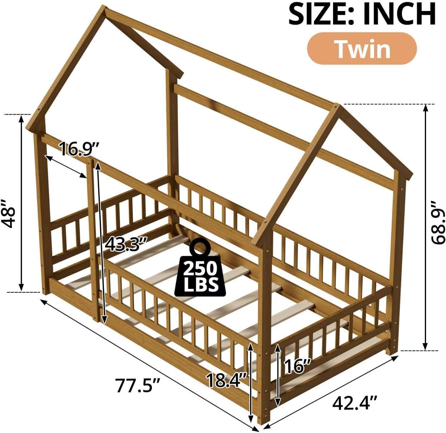 Twin Floor Bed for Kids, Wooden House Bed Frame with Roof, Fence Guardrails, Montessori Bed for Toddlers Girls Boys, Gray