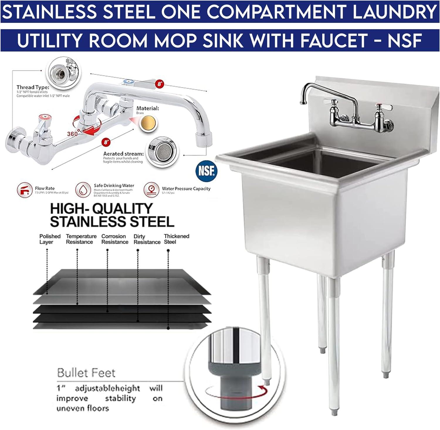 Stainless Steel One Compartment Laundry Utility Room Mop Sink with Faucet - NSF