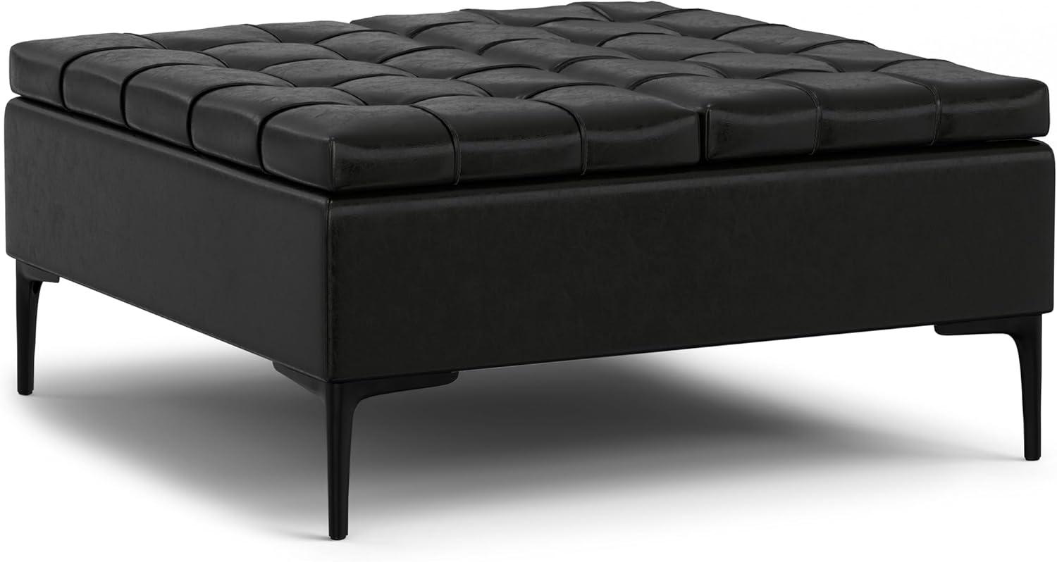 Simpli Home Laura 36"W Upholstered Square Storage Ottoman with Split Lift Top and 2 Storage Compartments