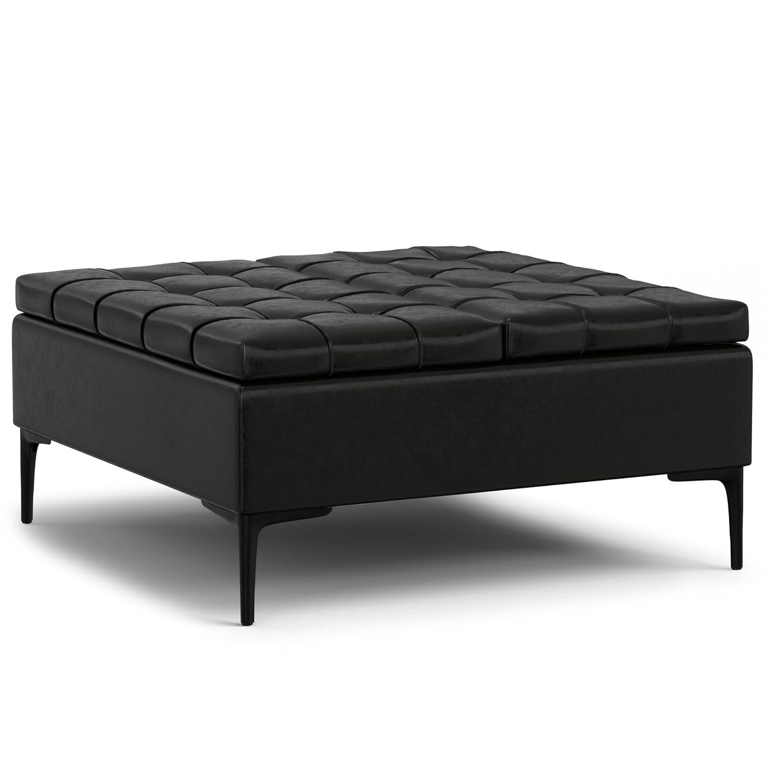 Simpli Home Laura 36"W Upholstered Square Storage Ottoman with Split Lift Top and 2 Storage Compartments