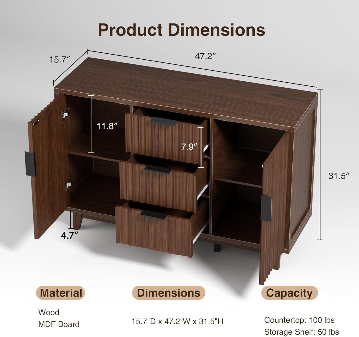 Seyla 31.5'' Sideboard with Solid Wood Legs & 2 Adjustable Shelves, Double Curved Fluted Door