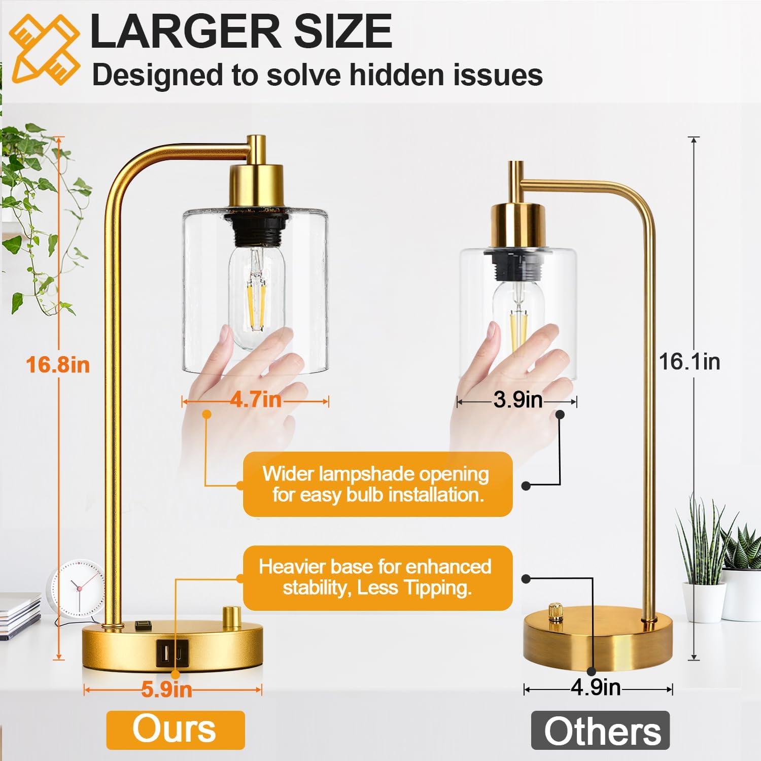 【Upgraded】Set of 2 Industrial Table Lamps with 2 USB Port, Fully Stepless Dimmable Bedside Lamps for Bedroom, Nightstand Desk Lamps with Glass Shade for Bedroom Living Room Office 2 LED Bulb Included