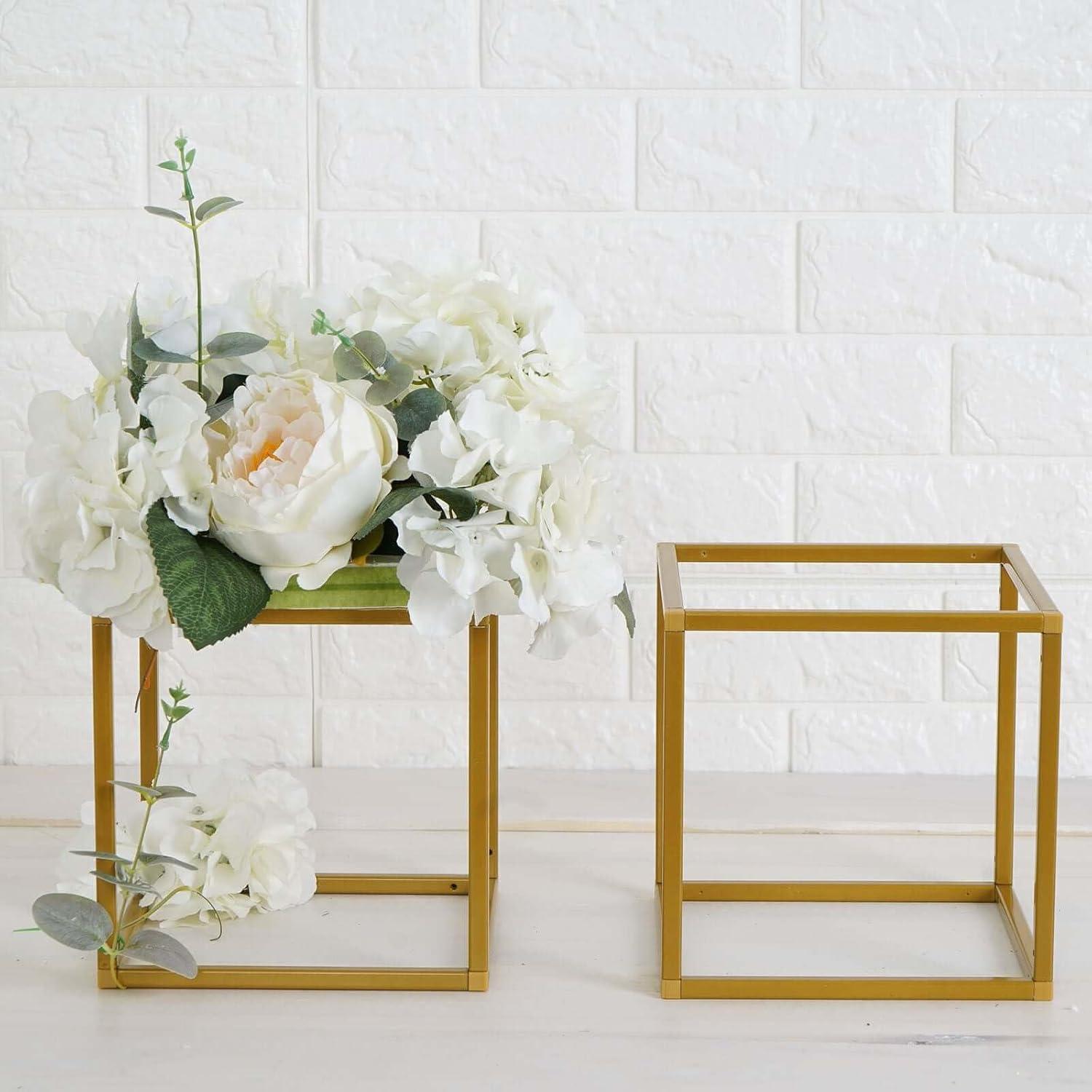 Efavormart 2 Pack 8" Square Gold Wedding Flower Stand Metal Column Stand Geometric Cube Vase