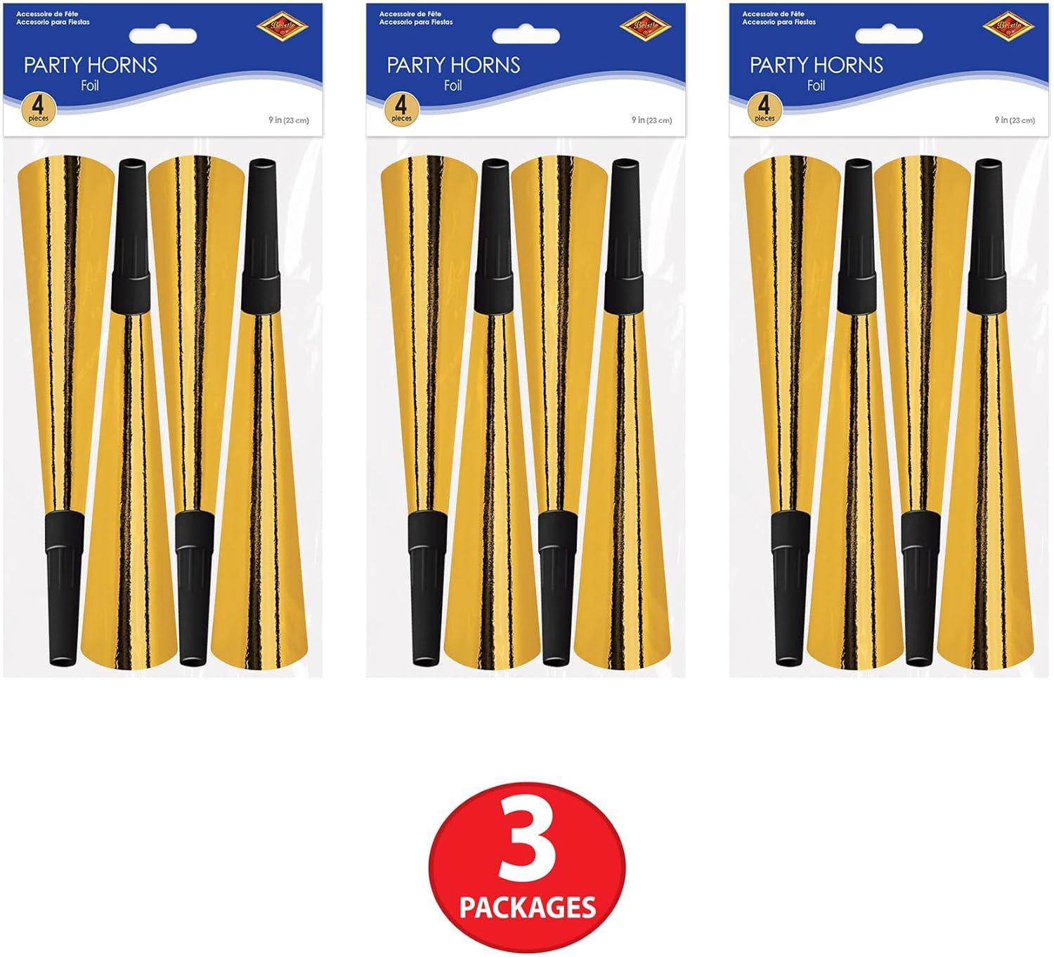 Beistle Sparking Gold Horns, Festive Party Horns, Noisemakers for Celebrations, Birthdays, NYE and Events, Pack of 12