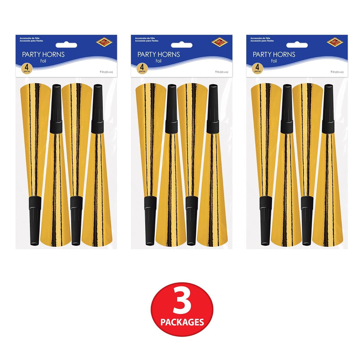Beistle Sparking Gold Horns, Festive Party Horns, Noisemakers for Celebrations, Birthdays, NYE and Events, Pack of 12