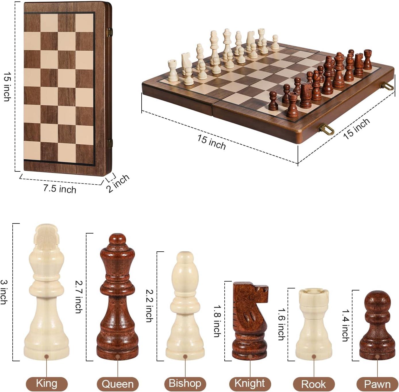 KiddiTouch 15 inch Magnetic Wooden Chess Set 2 in 1 Folding Chess Board Travel Chess Games for Adults and Kids-2 Extra Queen Pieces