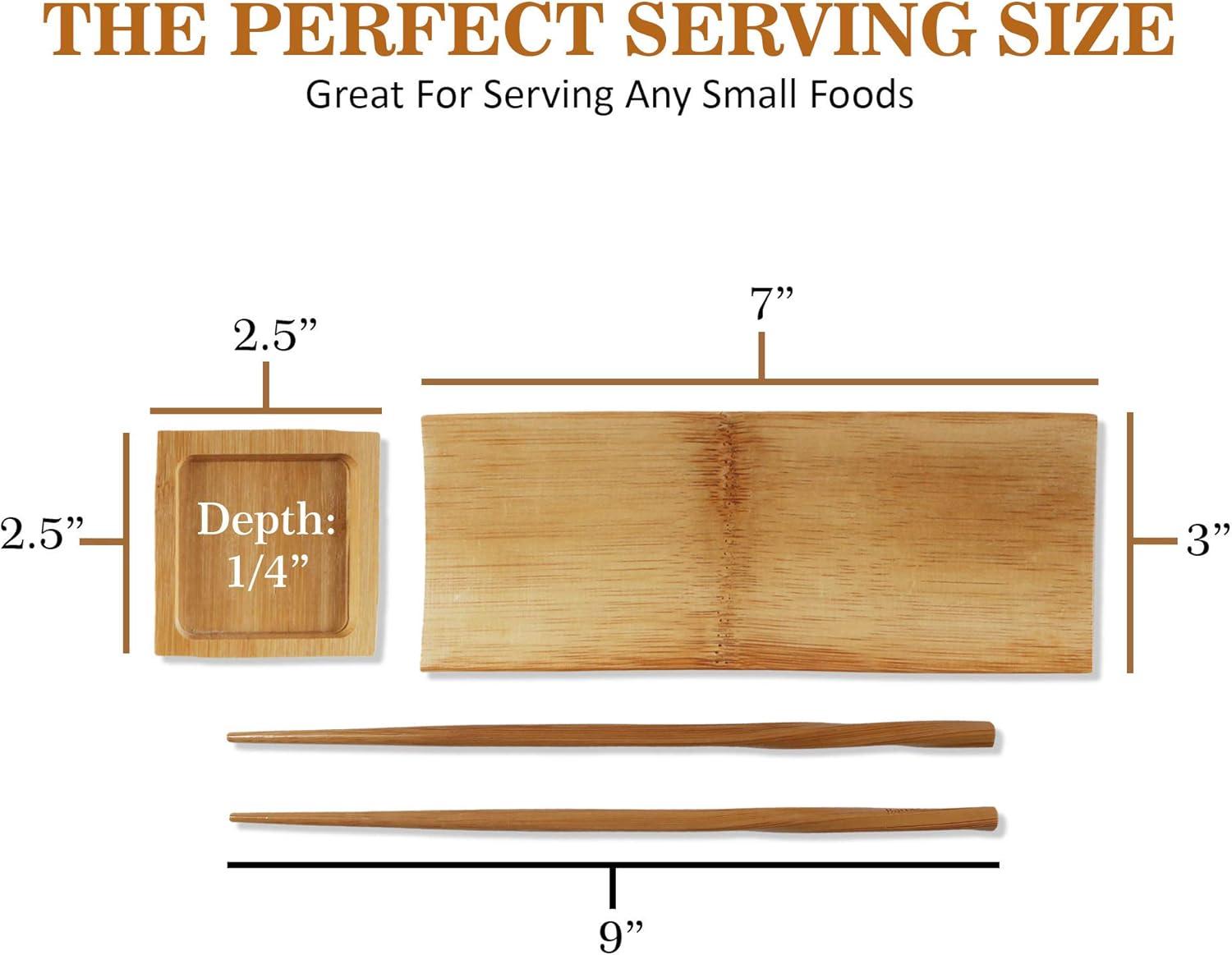 BambooMN 6 Piece, 2 Sets of 7" Reusable, Eco-Friendly, Carbonized Brown Bamboo Sushi Serving Plates/Trays: Chopsticks, and Soy Sauce Dishes Included!