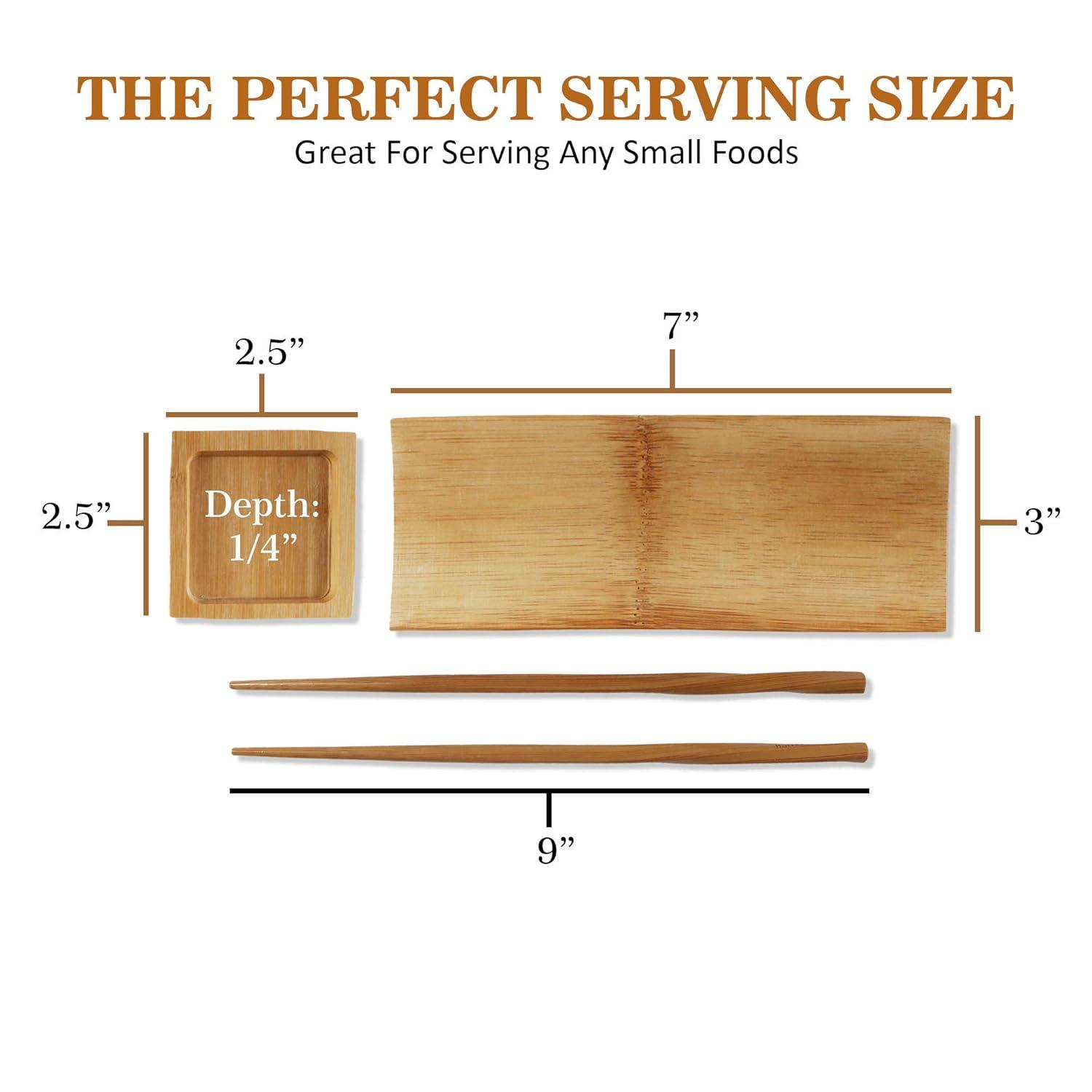 BambooMN 6 Piece, 2 Sets of 7" Reusable, Eco-Friendly, Carbonized Brown Bamboo Sushi Serving Plates/Trays: Chopsticks, and Soy Sauce Dishes Included!