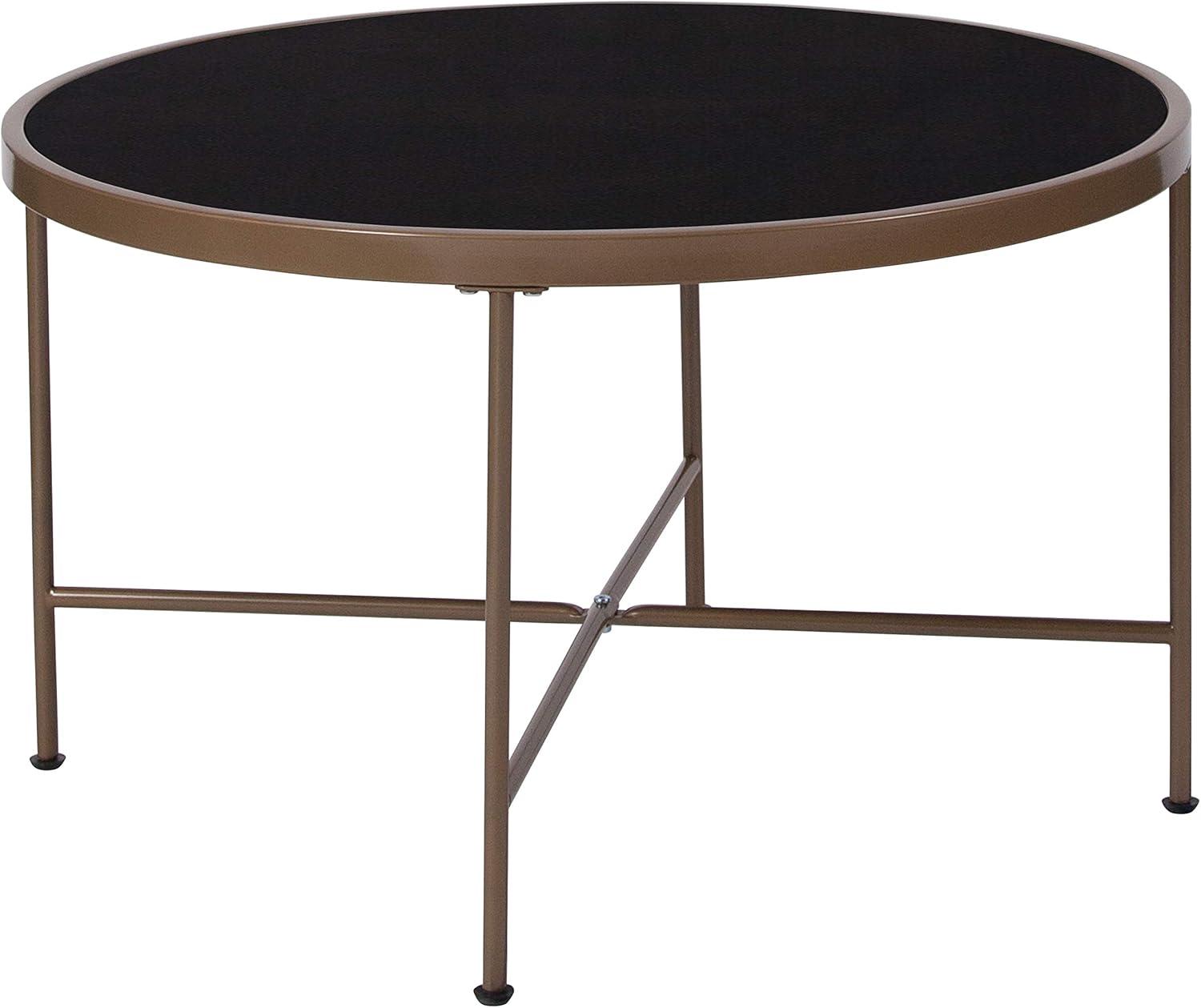 32" Round Black Glass Coffee Table with Matte Gold Frame