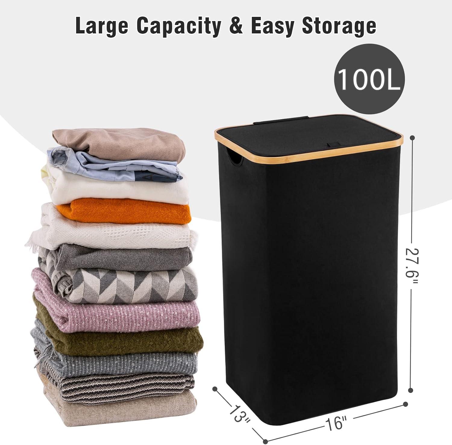 Large Laundry Hamper with Lid TeqHome 100L/26.4Gal Tall Laundry Basket with Bamboo Handles Collapsible Clothes Basket Organizer with Removable Inner Bag for Clothes Grey