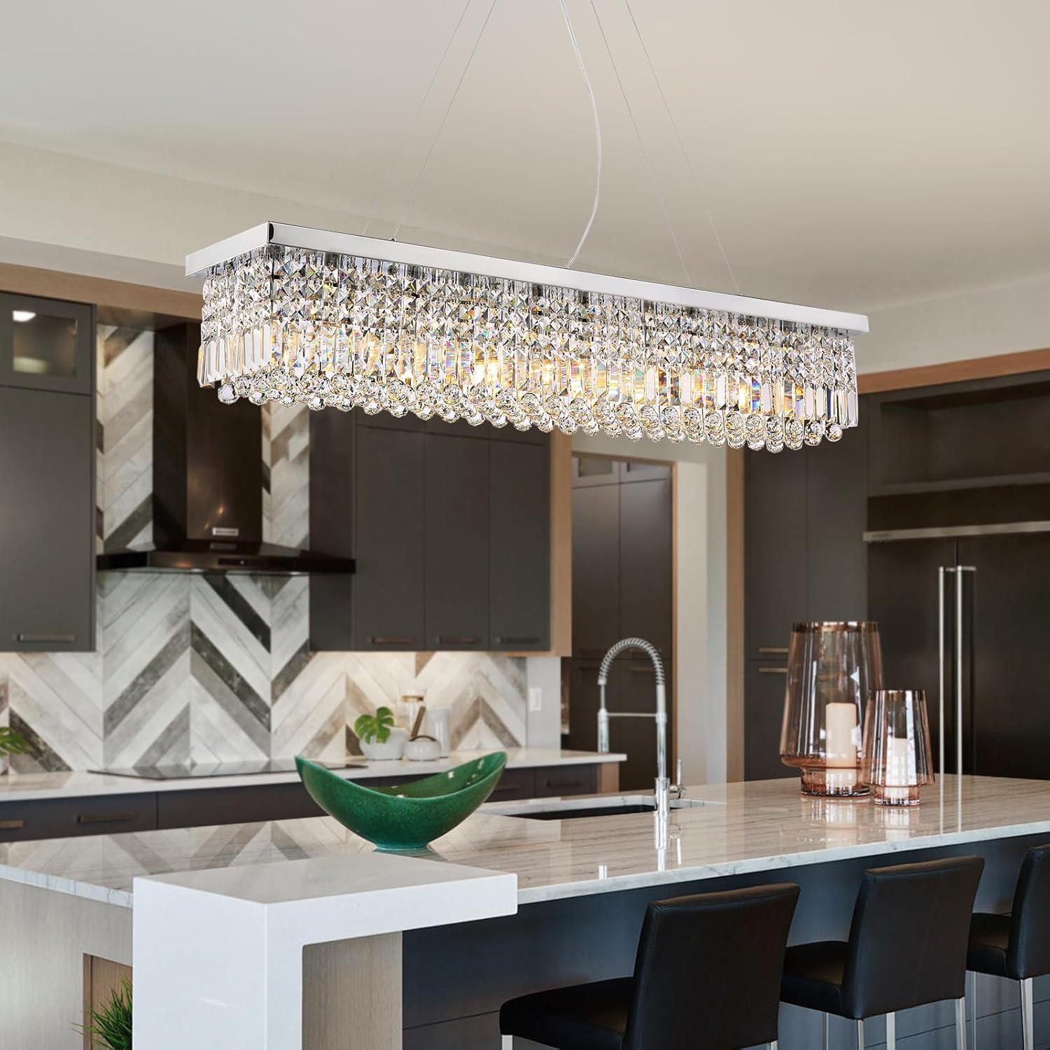 HOOMEDELIER Crystal Chandelier,Modern LED Chandelier,Adjustable Pendant Fixture for Dining Room