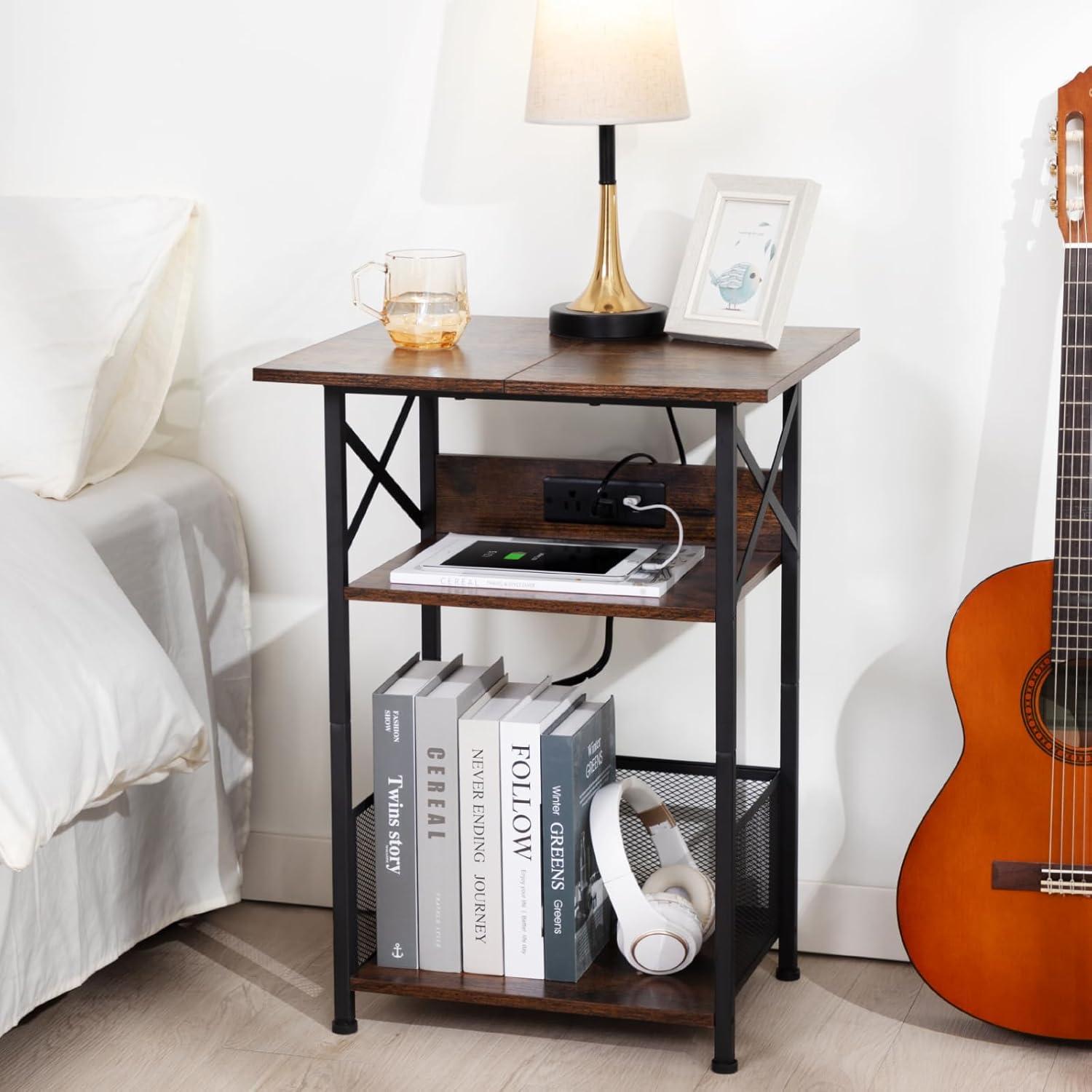 Record Player Stand with Charging Station, Turntable Stand with Storage Cabinet, 3 Tier End Table Hold Up to 100 Albums, Record Stand for Vinyl, Living Room, Rustic Brown