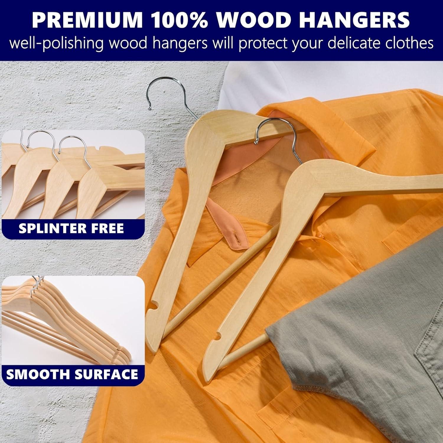 NEWKBO NEWKBO  Polished Wooden Coat Hangers - 30 Pack  Non Slip Pant Bar  Suitable for Shirts  Jackets  Dresses  and Pants - Natural Wood Finish