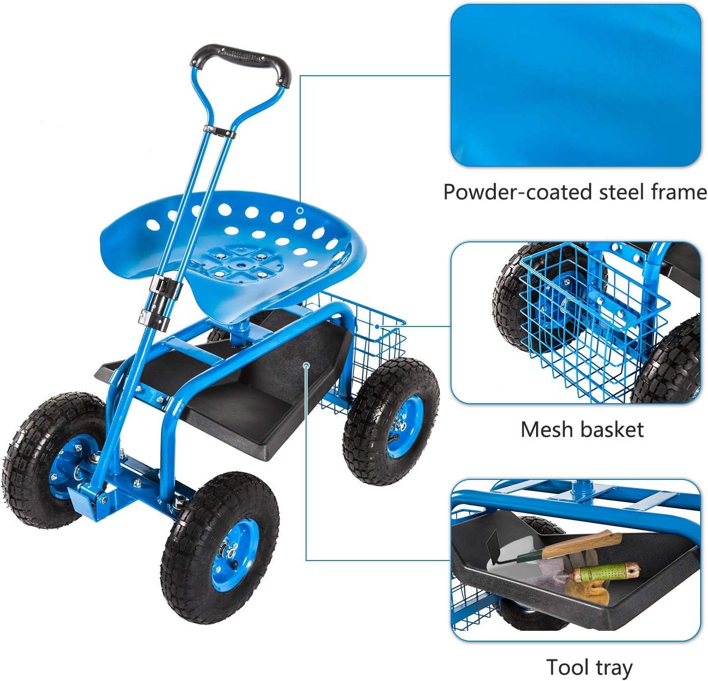 Rolling Garden Cart Scooter Stool - Garden Seat with Wheels Garden Cart with Seat, Adjustable Handle 360 Degree Swivel (Blue)