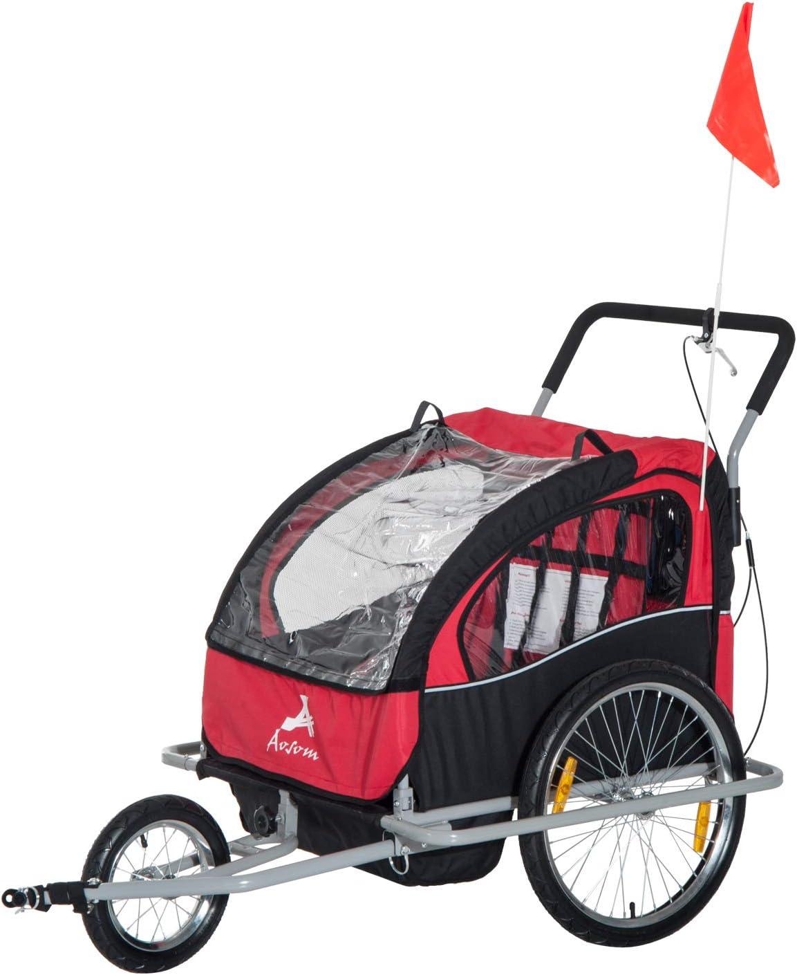 Aosom Elite Three-Wheel Bike Trailer for Kids Bicycle Cart for Two Children with 2 Security Harnesses & Storage