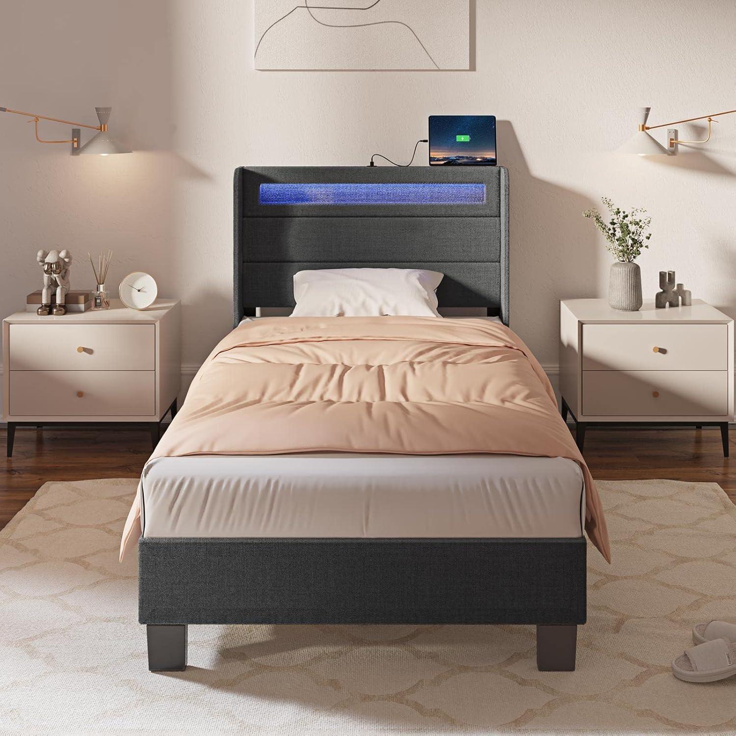 Twin Dark Gray Upholstered Bed Frame with LED Lights and Charging Station