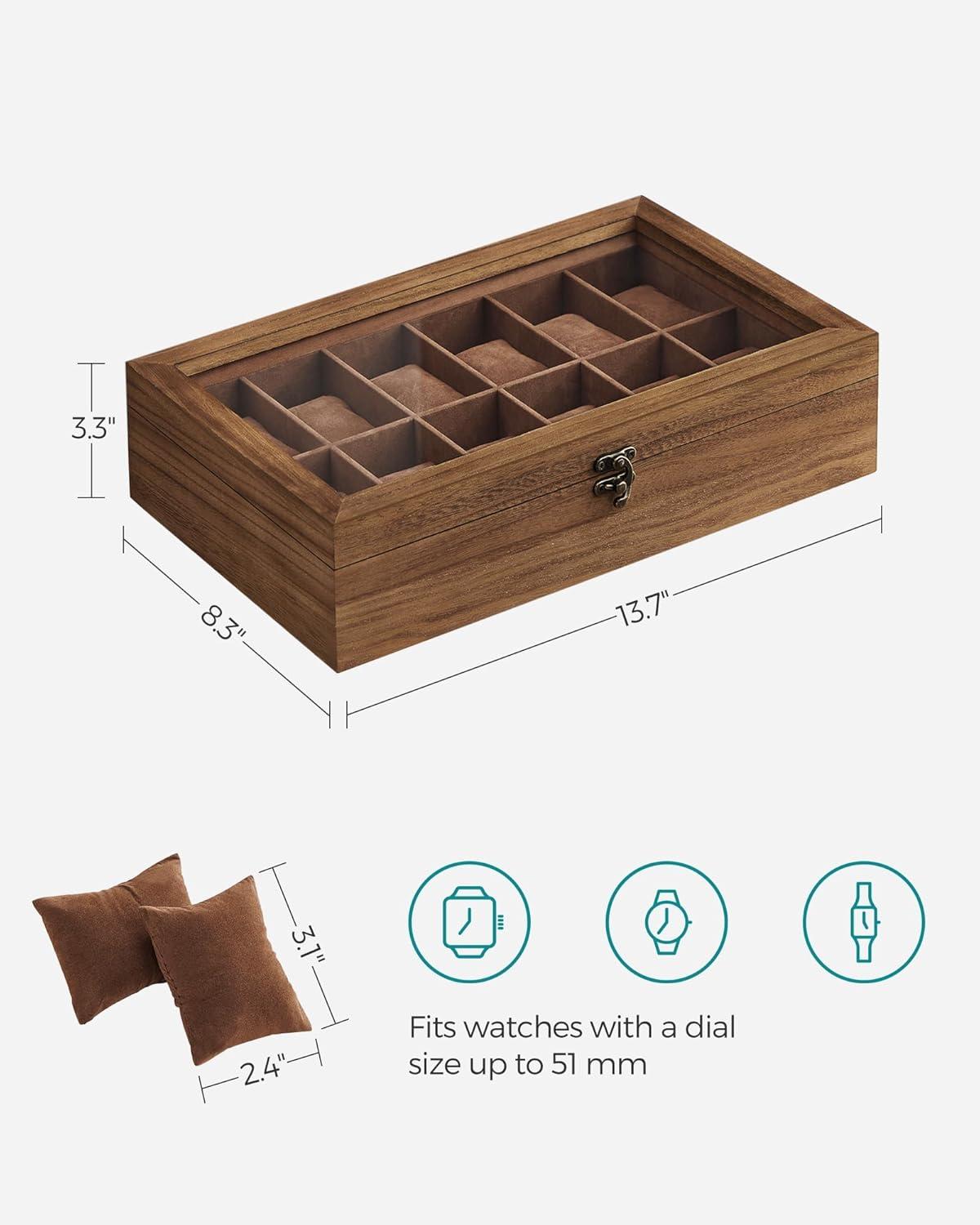 Rustic Walnut 12-Slot Wooden Watch Box with Glass Lid