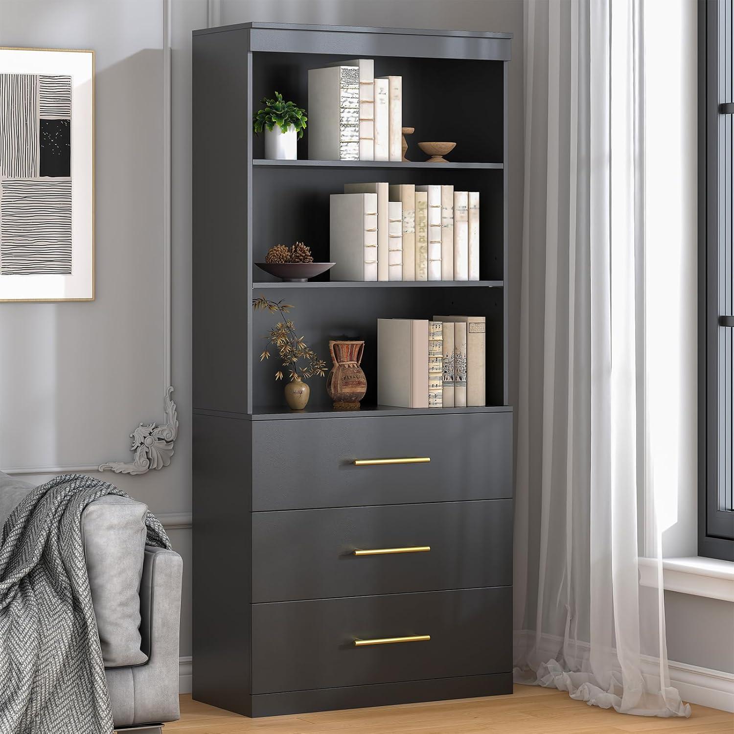 Winkalon 71" H Black Bookshelf with Drawers, Bookshelf and Bookcase with 3-Tier Open Shelves, Tall Bookcase Tall Storage Cabinet for Home Office