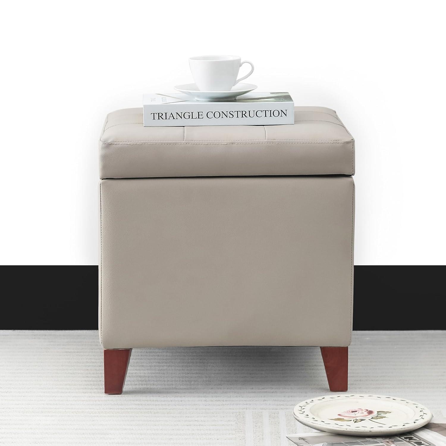 Elephant Grey Faux Leather Tufted Storage Ottoman with Cherry Wood Legs