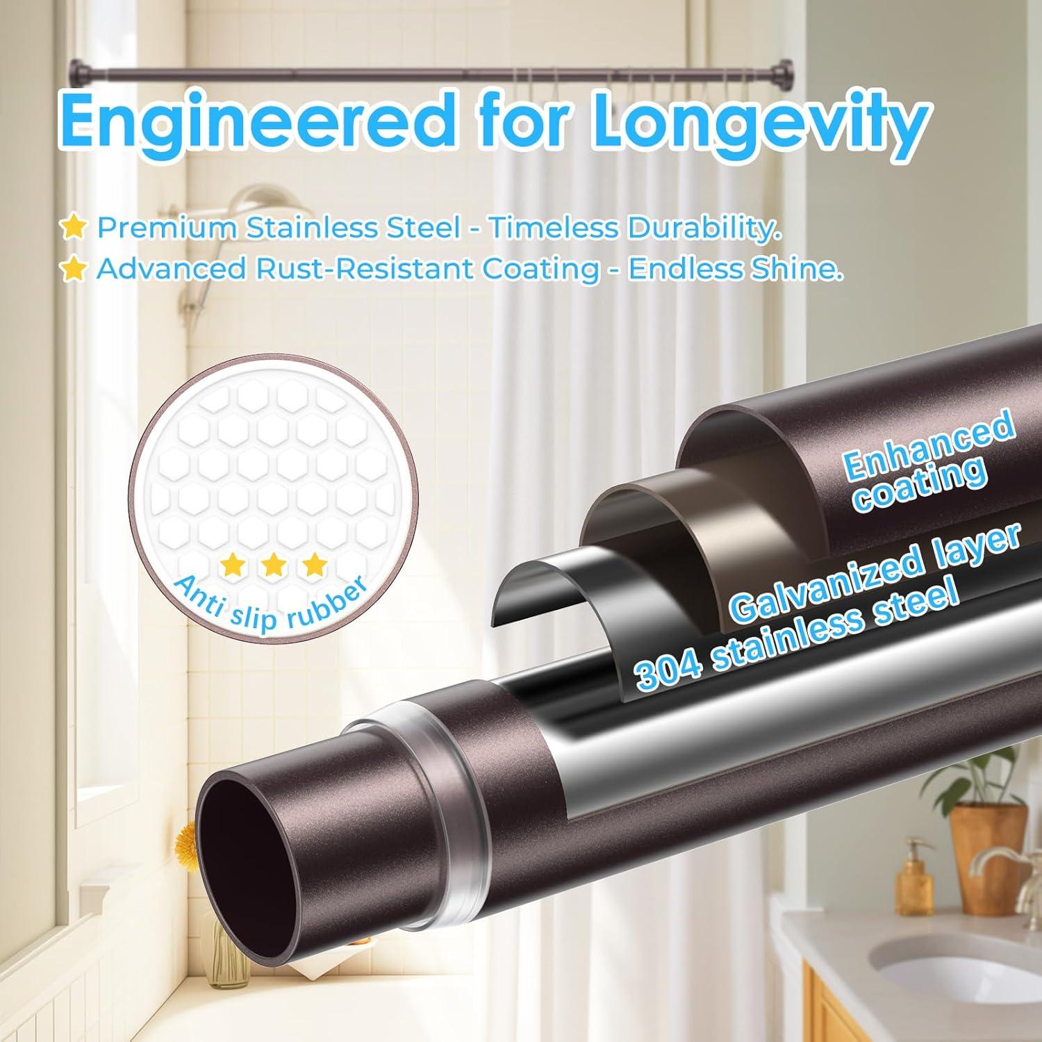 Bronze Adjustable Tension Shower Curtain Rod with Anti-Slip Pads