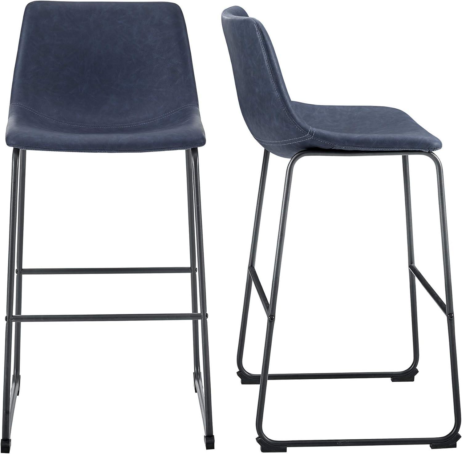 Walker Edison Douglas Urban Industrial Faux Leather Armless Bar Chairs, Set of 2, Navy Blue