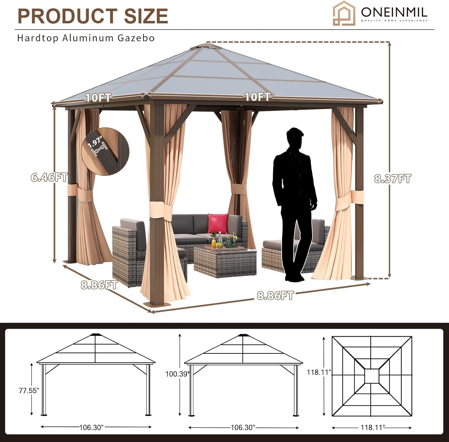 JolyDale 10 ft. x 10 ft. Patio Hardtop Gazebo, Outdoor Aluminum Frame Canopy with Netting and Curtain for Garden, Patio, Lawns, Brown