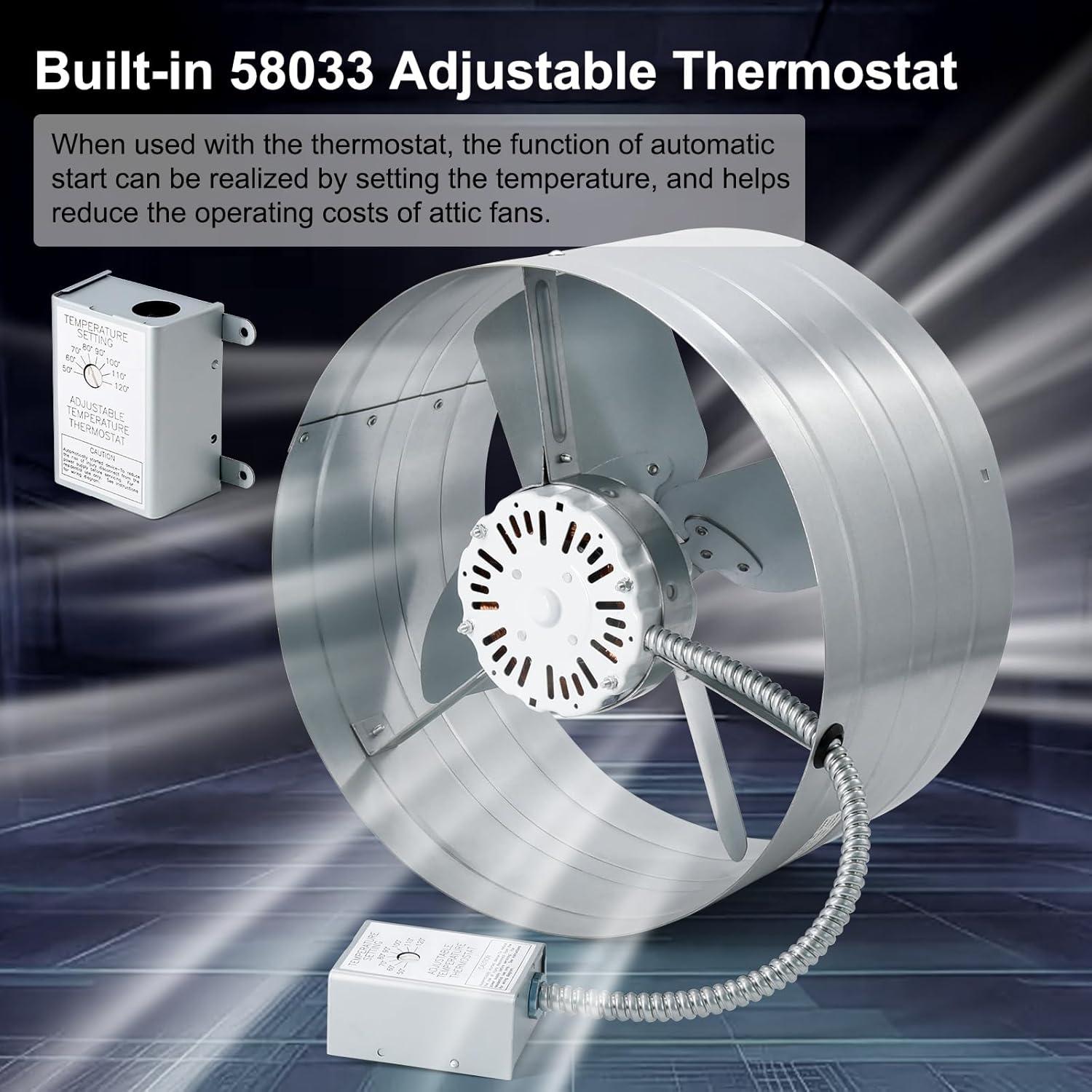 Criditpid 15" Gable Mount Vent Attic Fan, Exhaust Ventilation Fan with Adjustable Thermostat for Gable, Home, Shed, Garage, Portable Building, 3.4A, 1300CFM, 1075RPM, 1850 Sq.Ft Coverage Area.