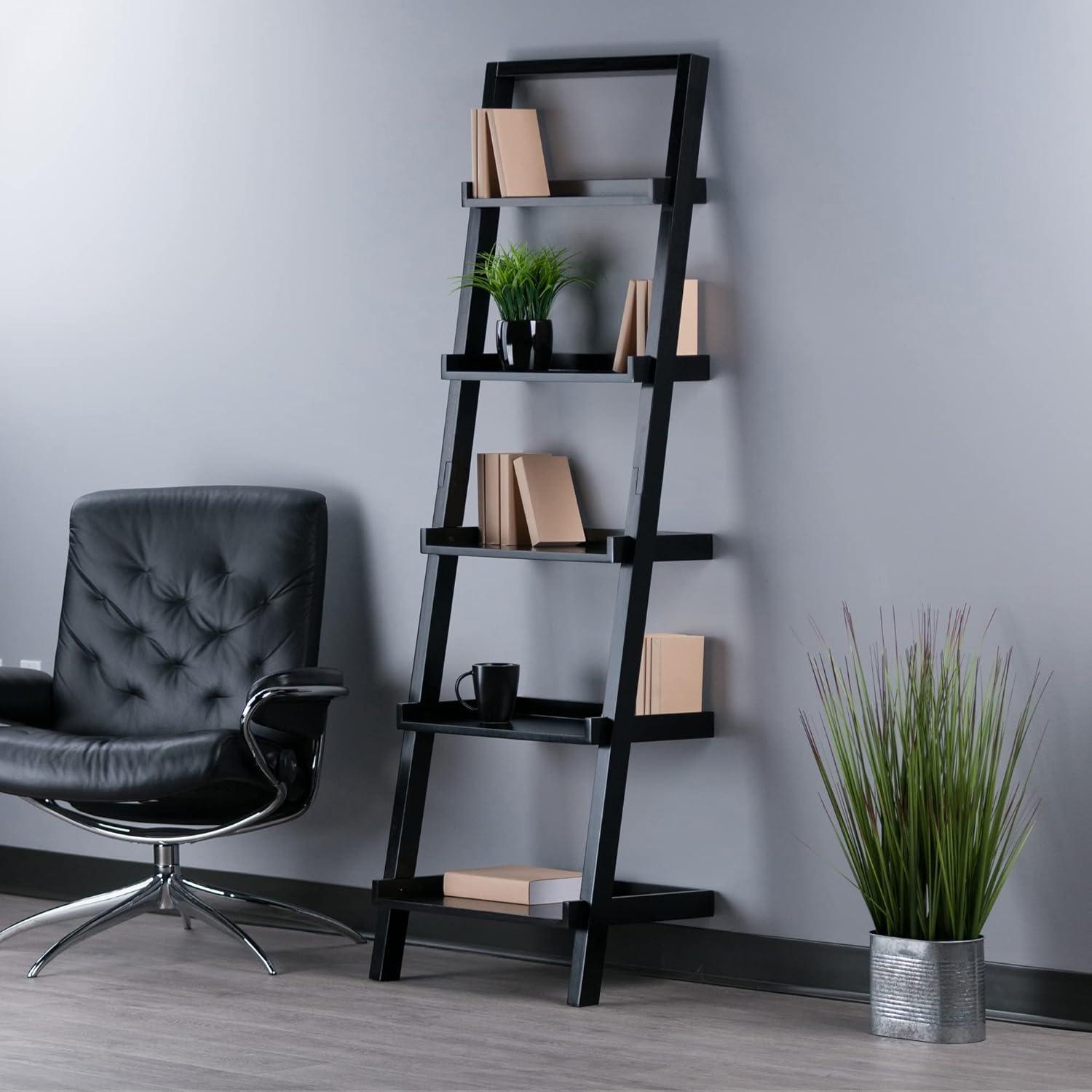 Industrial Black Wood 5-Tier Leaning Ladder Shelf