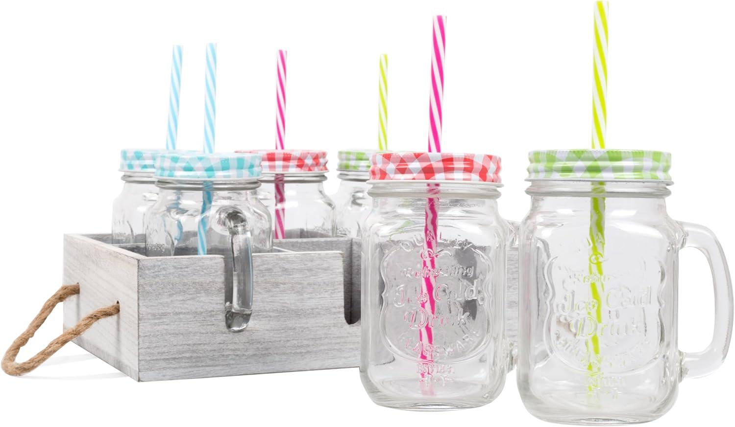 Deco Glass Drinking Mason Jar Cups with Handle & Wooden Carrier with Reusable Straws  Lids & Handles Set of 6  16oz