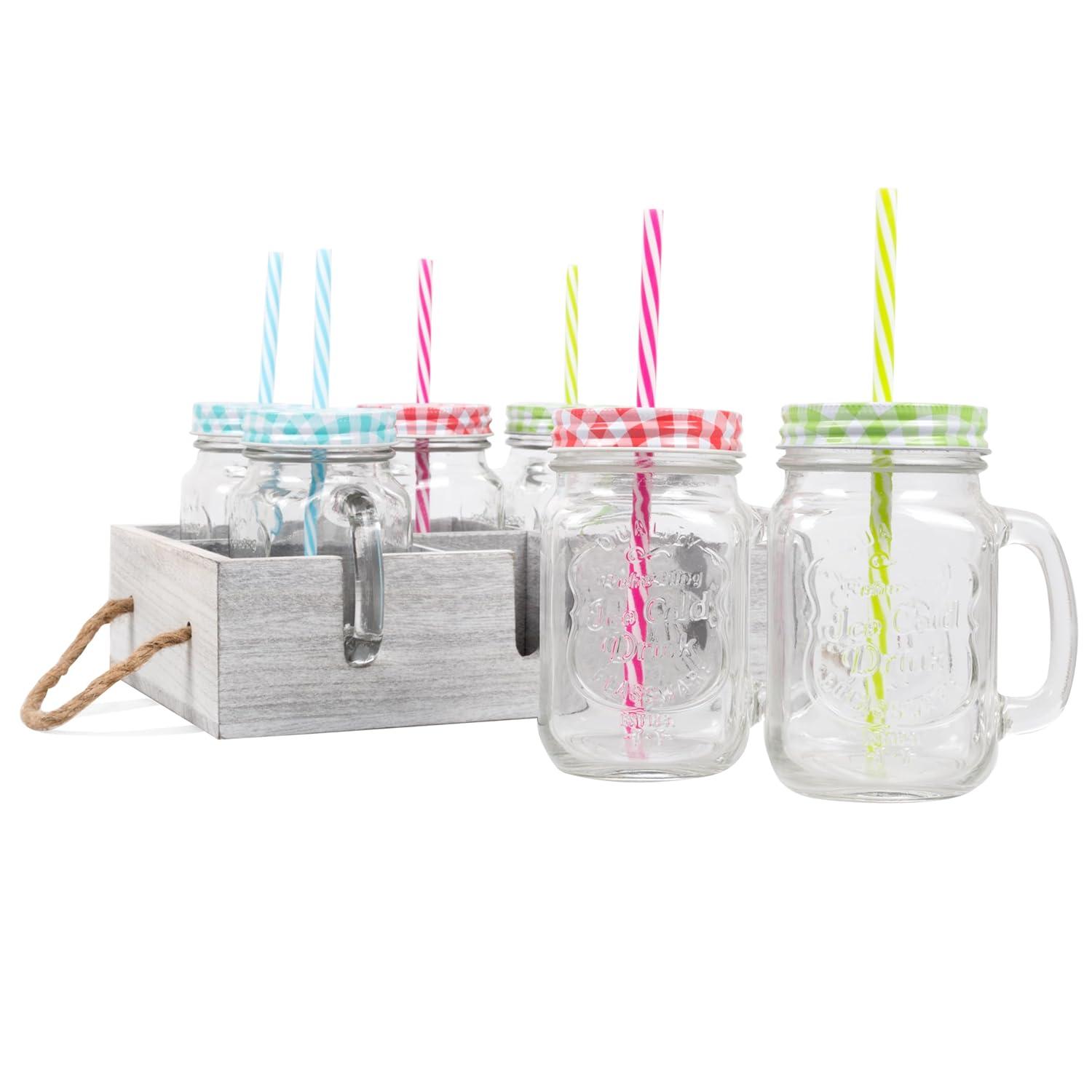 Deco Glass Drinking Mason Jar Cups with Handle & Wooden Carrier with Reusable Straws  Lids & Handles Set of 6  16oz