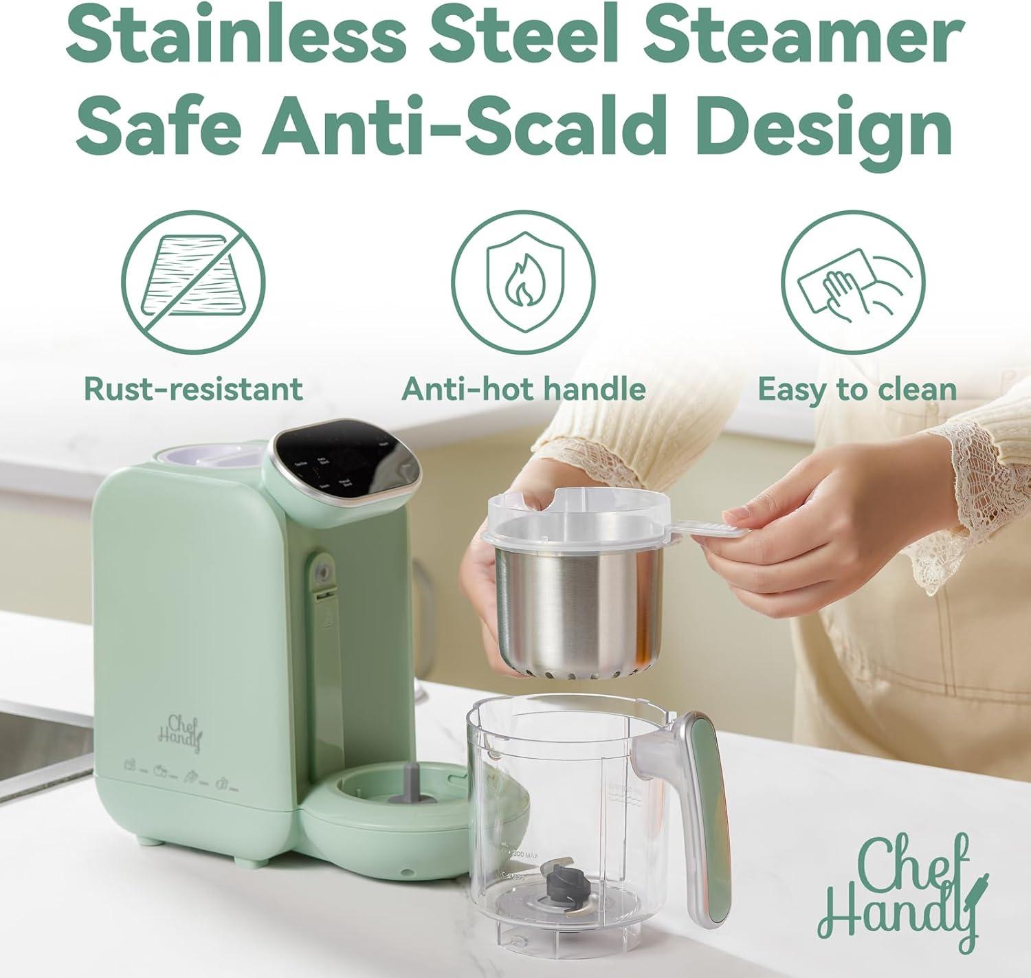 Chefhandy Baby Food Maker, 5 in 1 Baby Food Processor with Steaming Basket, Auto Cooking & Grinding, Touch Screen Control, Baby Steamer and Blender, Baby Food Puree Maker Warmer Mills Machine (Green)