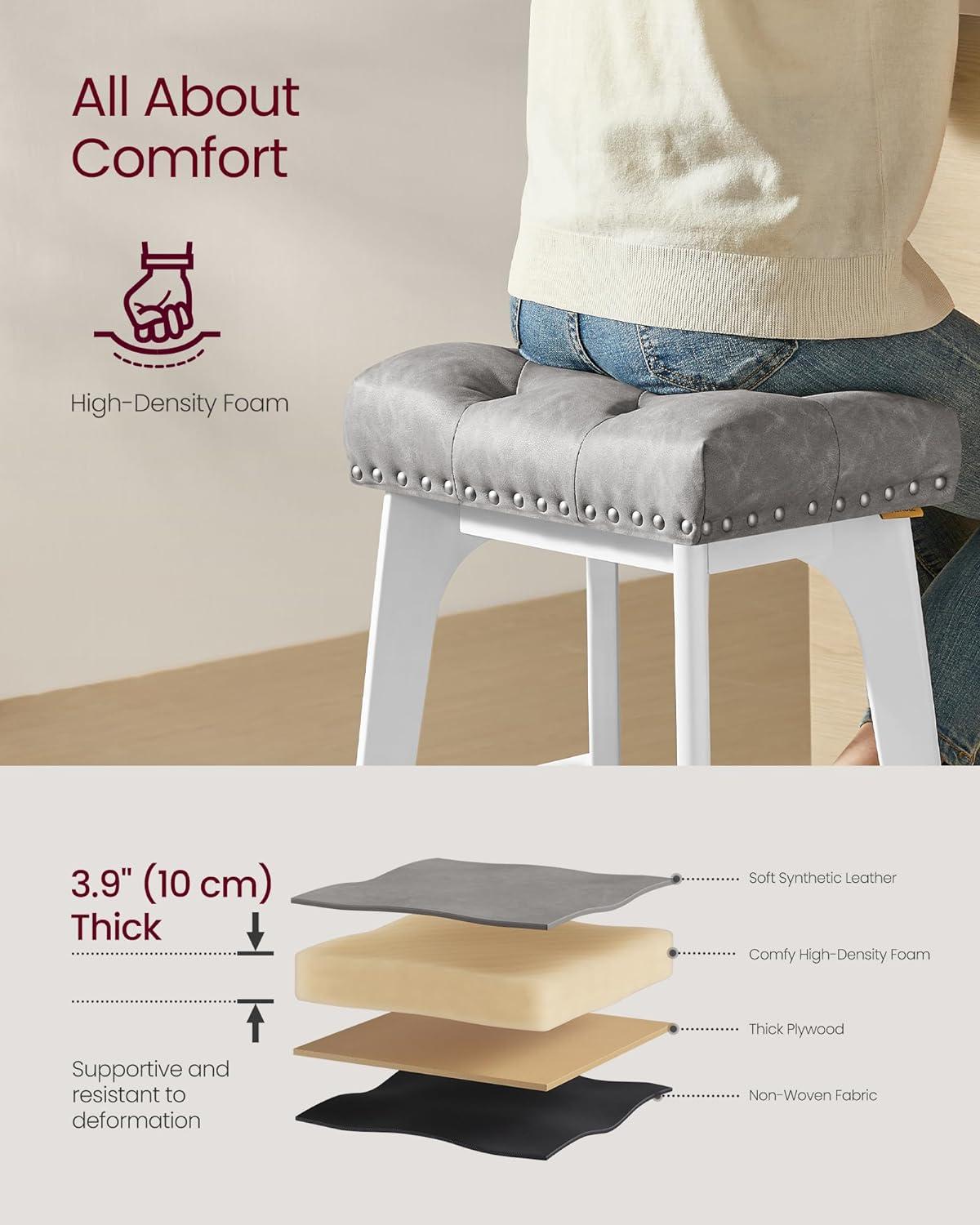 Killeryuki Bar Stools Set of 2, Counter Height Bar Stools, 26-Inch Kitchen Counter Stools with Wooden Legs, PU Leather Barstools Upholstered Stools for Kitchen Island Dining Room, Gray ULBC085G01