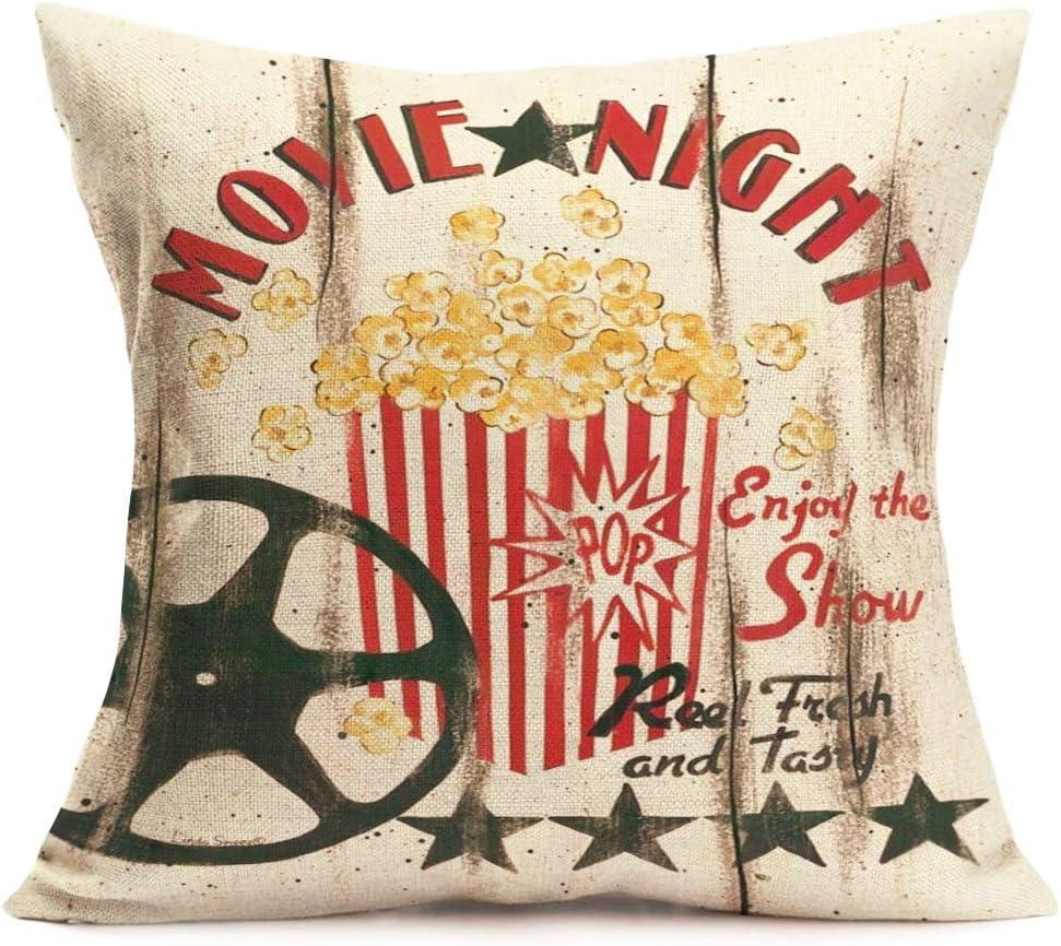 Smilyard Movie Theater Cinema Throw Pillow Covers Vintage Cinema Ticket with Popcorn Throw Pillow Case 18x18 Inch Cotton Linen Personalized Home Decor Cushion Cover for Sofa Set of 4 (Cinema Set)