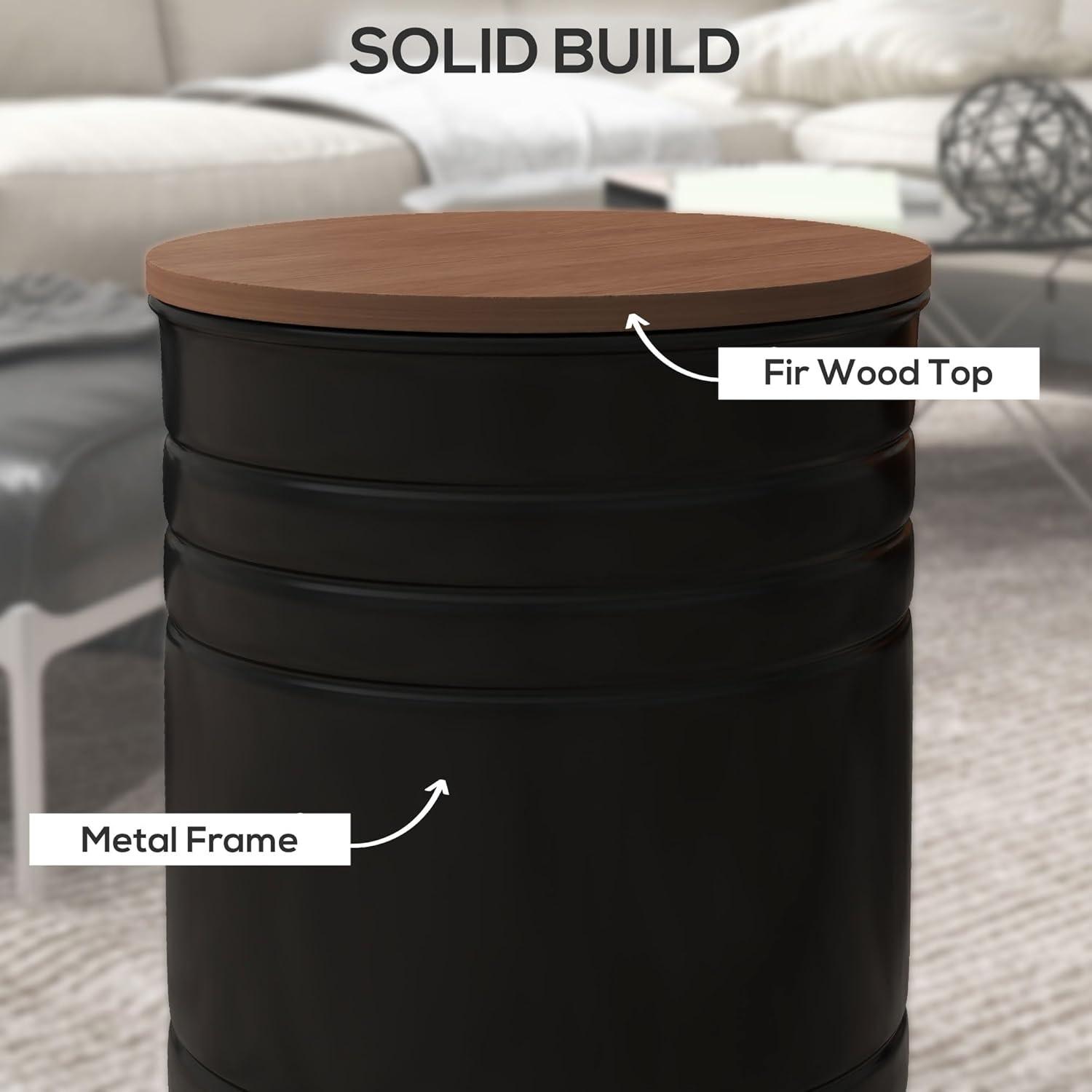 Nesting End Table Set of 2, Round Storage Ottoman Stool with Removable Wood Lid, Metal Frame & Hidden Space, Farmhouse Side Table for Living Room, Black