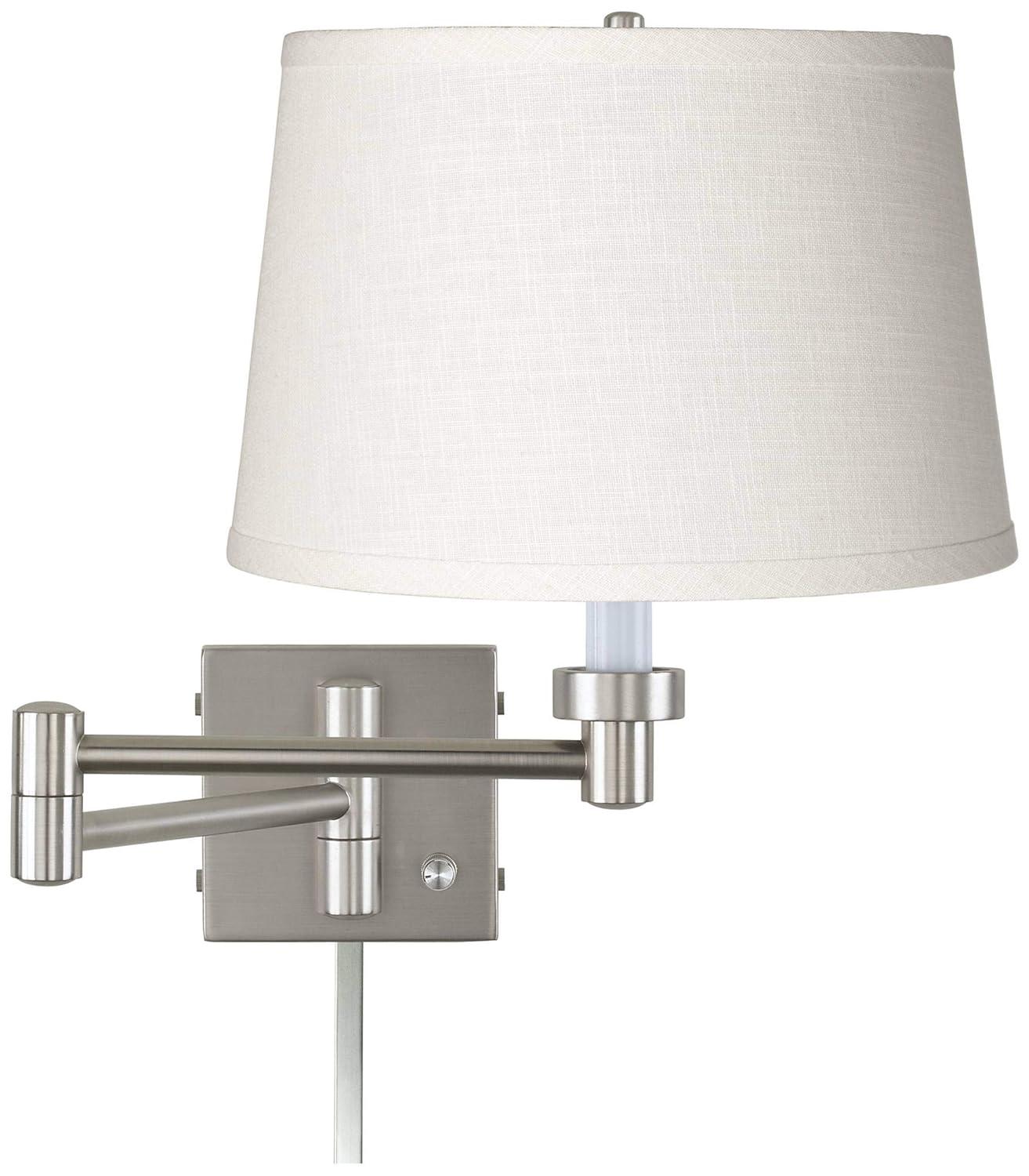 Possini Euro Design Modern Swing Arm Wall Lamp with Cord Cover Brushed Nickel Plug-In Light Fixture White Linen Shade for Bedroom