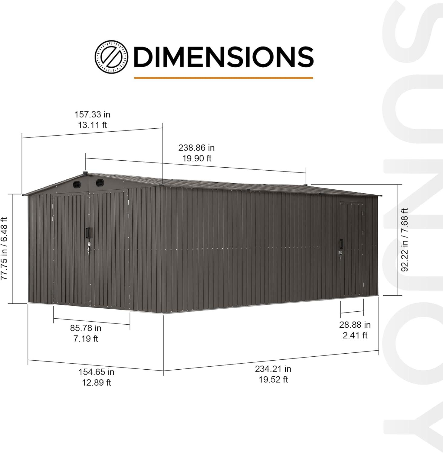 Sunjoy Sunjoy Outdoor Storage Shed 10 x 20 ft. Carport, Patio Metal Utility Large Storage Shed Garage with 2 Doors and 4 Vents, for Car, Truck, Bike, Garbage Can, Tool, Lawnmower