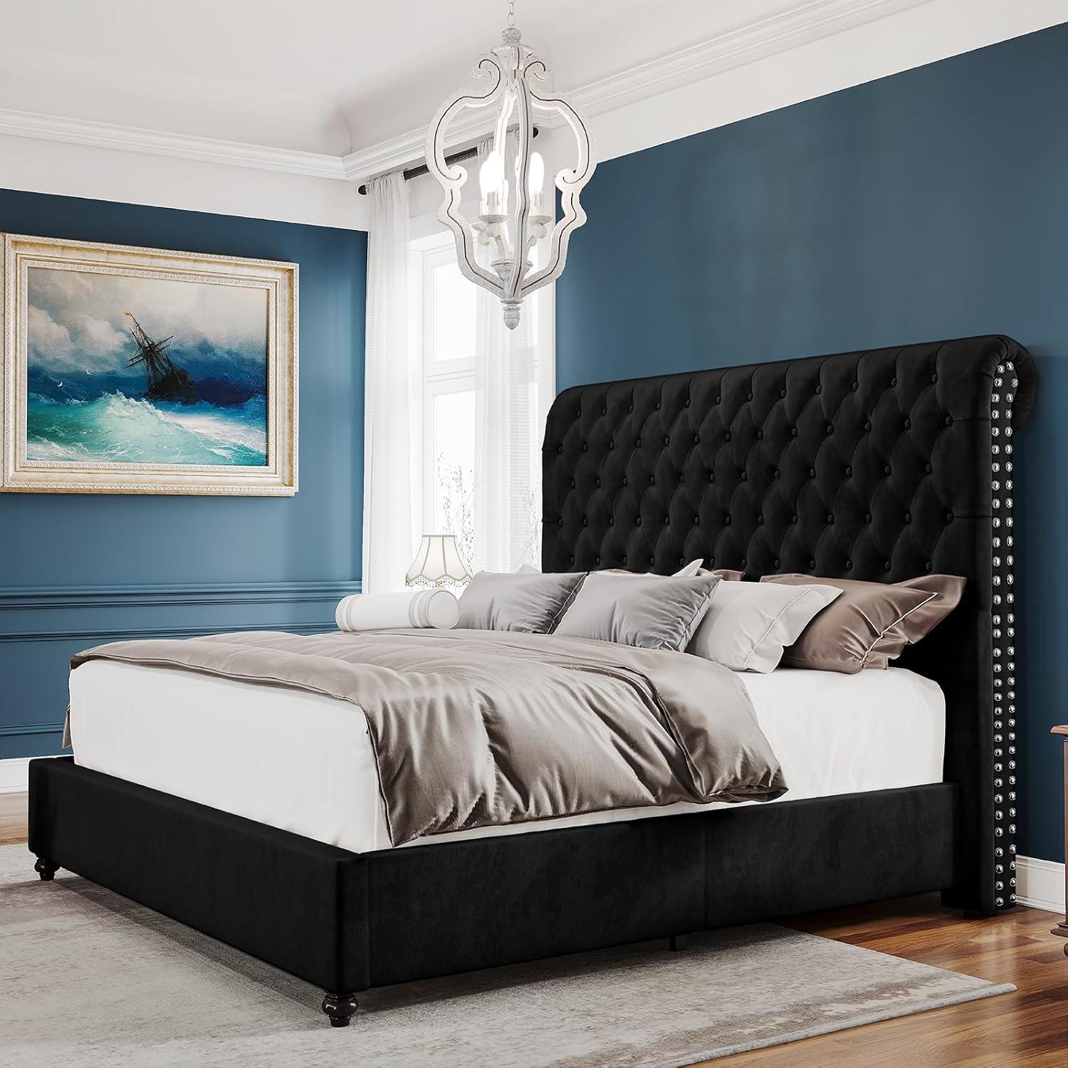 PaPaJet Platform Bed Frame Queen Size Velvet Upholstered Sleigh Bed Deep Button Rolled Edge Tufted Headboard, Wood Slats Support/No Box Spring Needed/Easy Assembly/Black