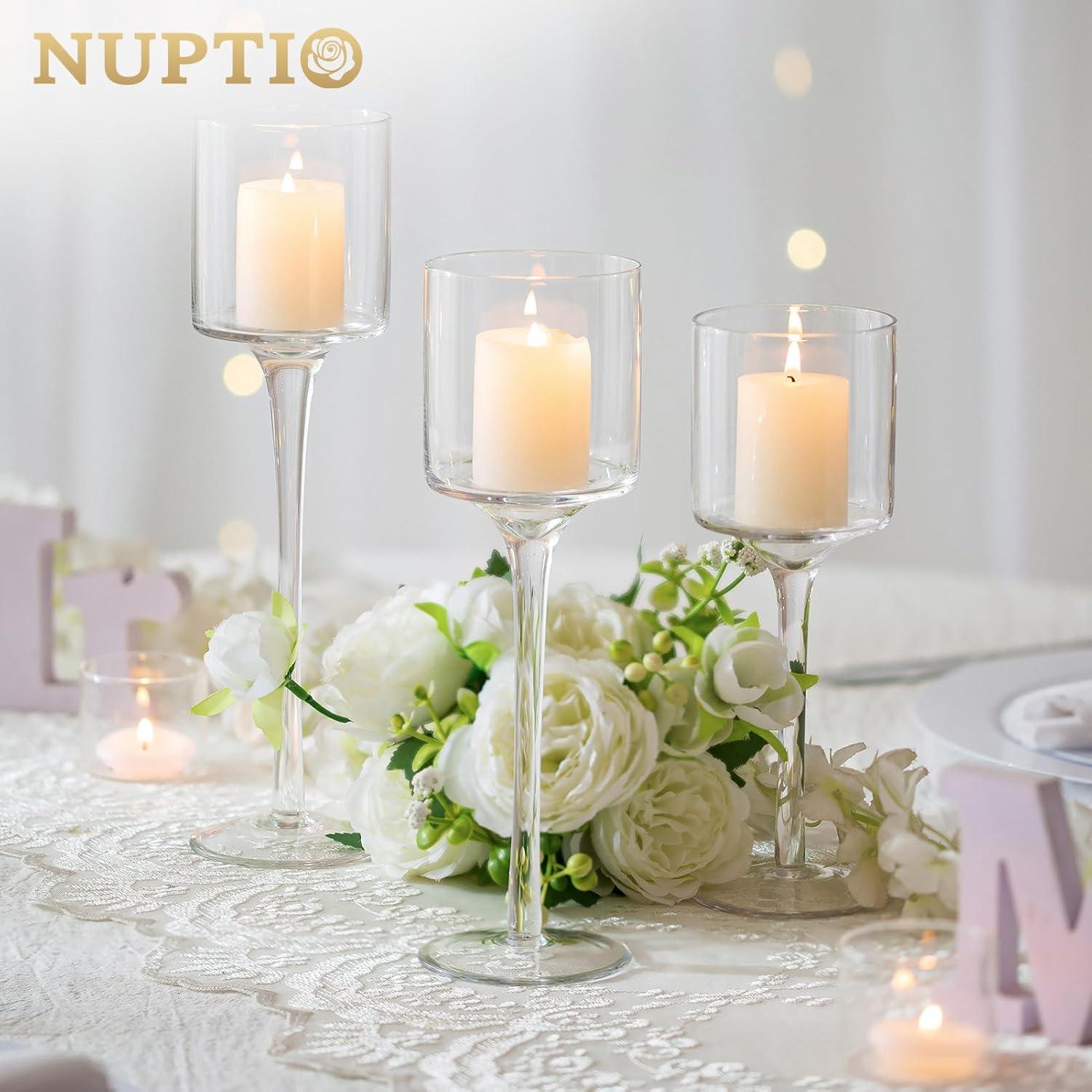 Nuptio Hurricane Glass Candle Holder Tea light Candle Holders ，3Pcs Tall Tealight Candle Holder Votive Candle Holders for Table Centerpiece Home Decoration
