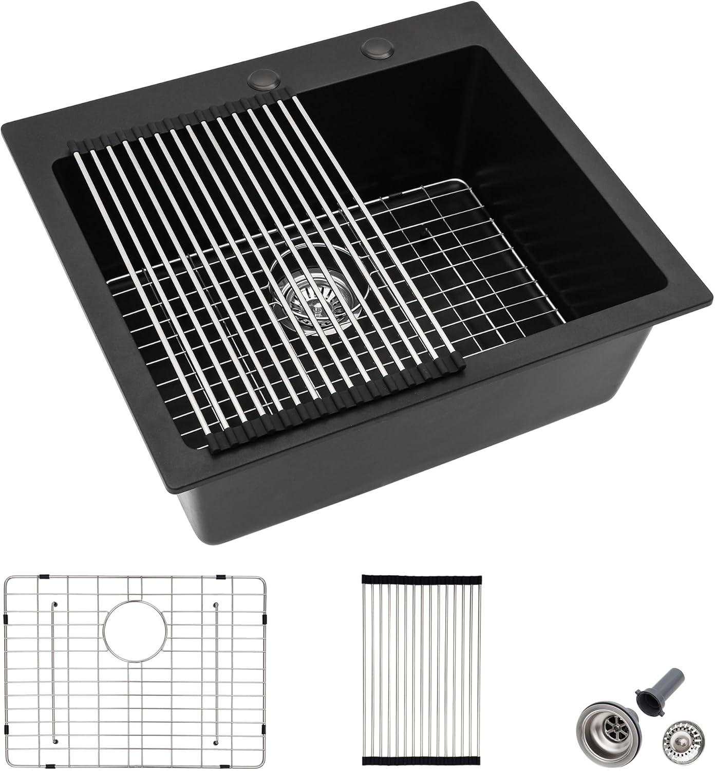 Quartz Kitchen Sink - 25X22" Black Granite Composite Drop In Kitchen Sink