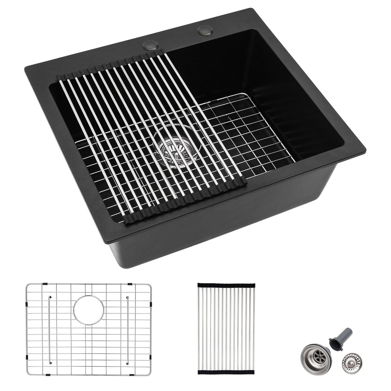 Quartz Kitchen Sink - 25X22" Black Granite Composite Drop In Kitchen Sink